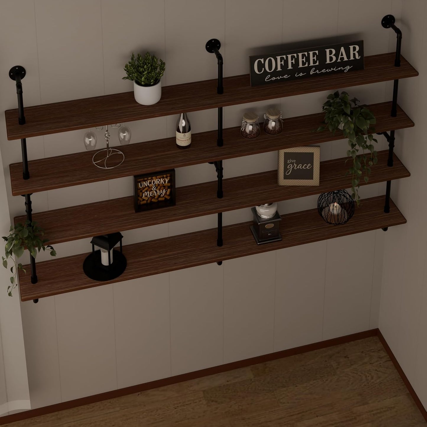 Floating Book Shelves for Wall 4 Tier 70 inch Bookshelf Industrial Pipe Shelving Shelves Bookcase Industrial Bookshelves Pipe Shelf Wood Wall Shelf for Living Room
