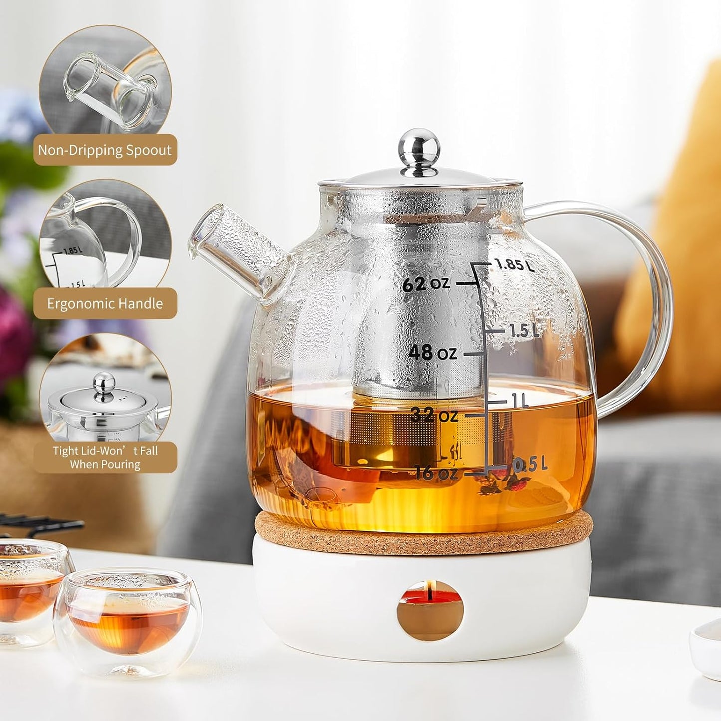 68OZ Glass Teapot Tea Pot With Infuser, Glass Kettle For Stove Top, Tea Glass Pot, 2000ML Glass Tea Cup With Infuser And Lid For Loose Leaf Tea Steeper, Dishwasher Safe