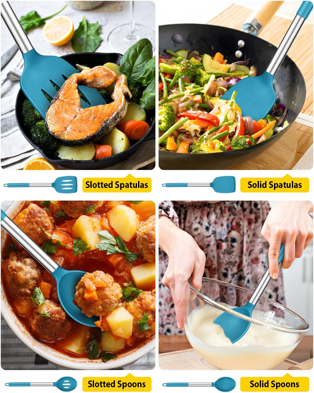 Pack of 4 Silicone Cooking Utensils Set, Non Stick Large Solid Spatulas, Heat Resistant Blue Slotted Spoons, Ideal BPA Free Kitchen Turners for Frying, Mixing,Serving,Draining,Turning,Stirring