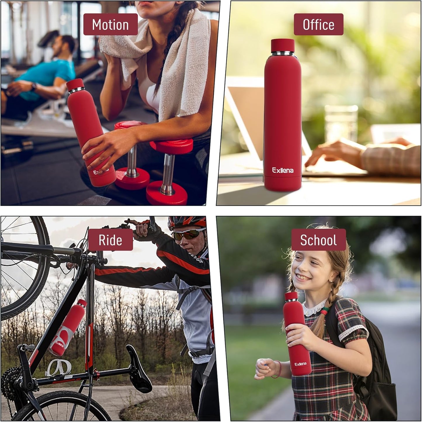 Slim Insulated Water Bottles for Travel 25oz with Clip, Double Wall Vacuum Stainless Steel Water Bottle Keeps Drinks Cold 24 Hrs/Hot 12 Hrs, 100% Leakproof, BPA Free（Red）