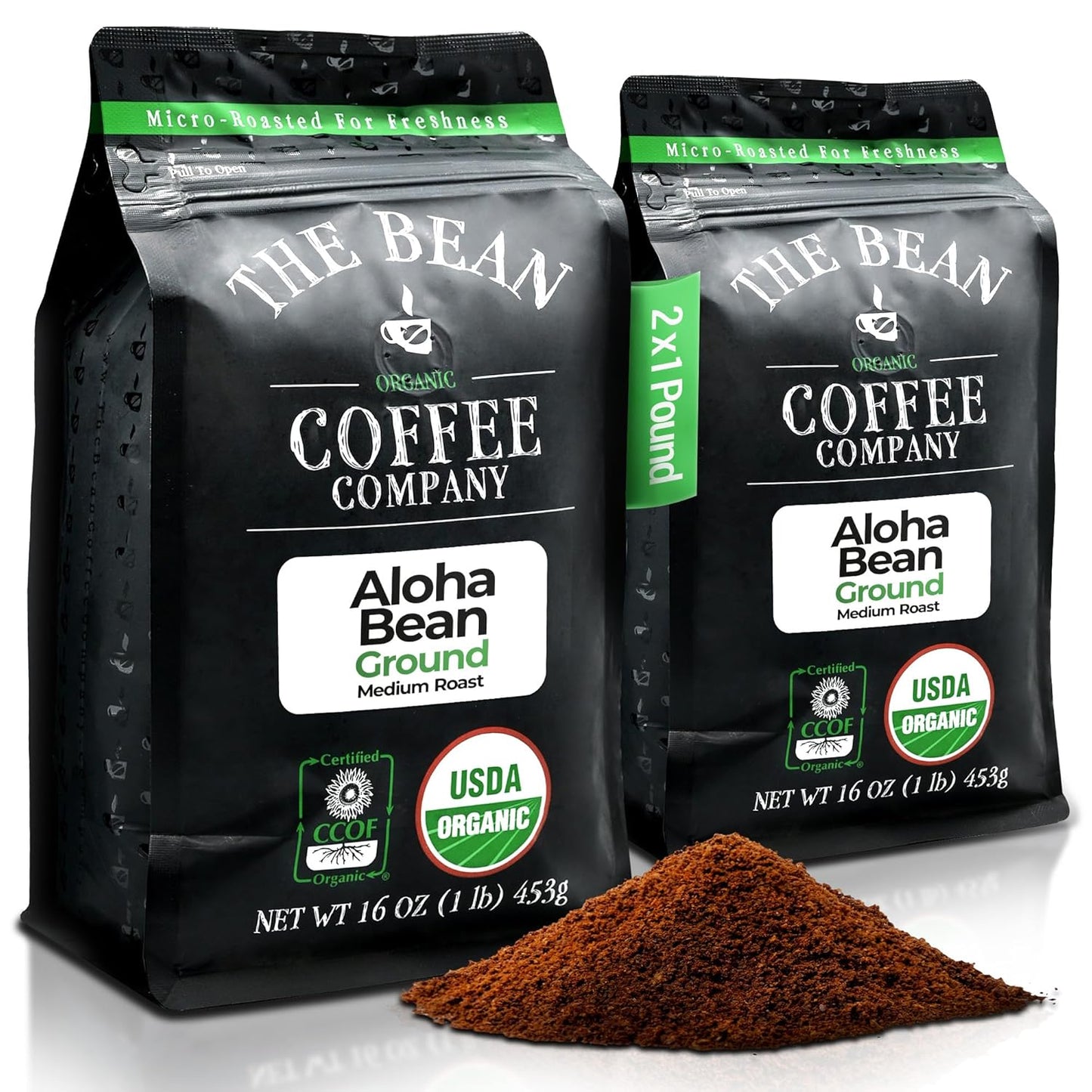 The Bean Organic Coffee Company Aloha Bean (Hawaiian Hazelnut), Medium Roast, Ground Coffee, 16-Ounce Bags (Pack of 2),Café molido tostado organico