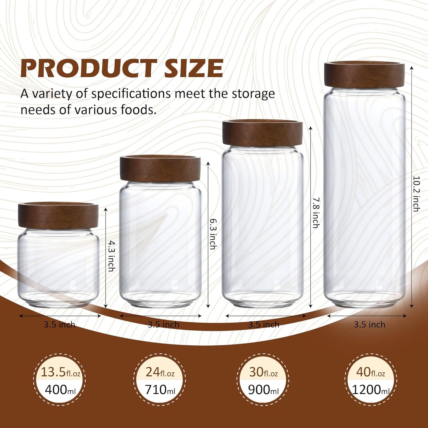 40 oz/1200 ml Glass Jar with Airtight Wooden Screw Top Lid, Clear Stackable Food Storage Canister, Large Tall Decorative Glass Container for Coffee, Candy, Cookie, Sugar, Oatmeal, Salt, Pasta