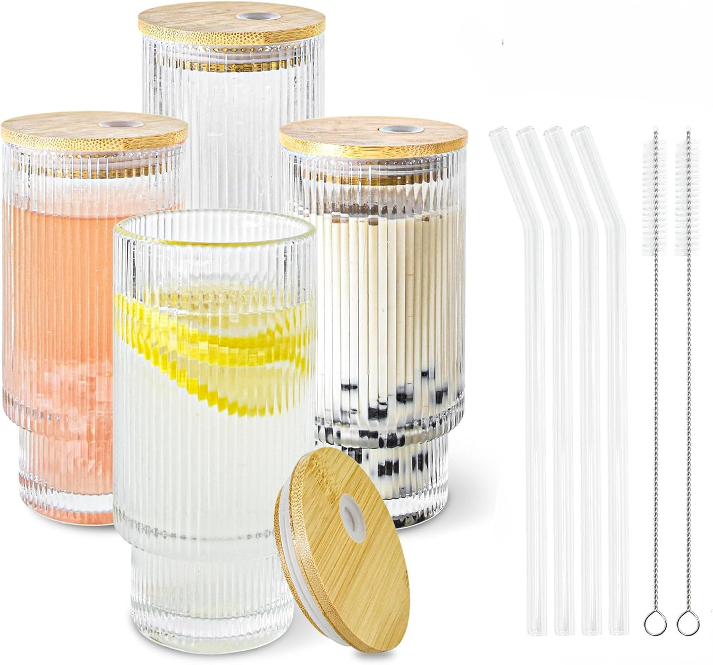 4 Pcs 16 oz Glasses Cups Set with Bamboo Lids Straws Brush Ribbed Vintage Aesthetic Glassware Set for Tea Iced Coffee Beer Cocktail Whiskey