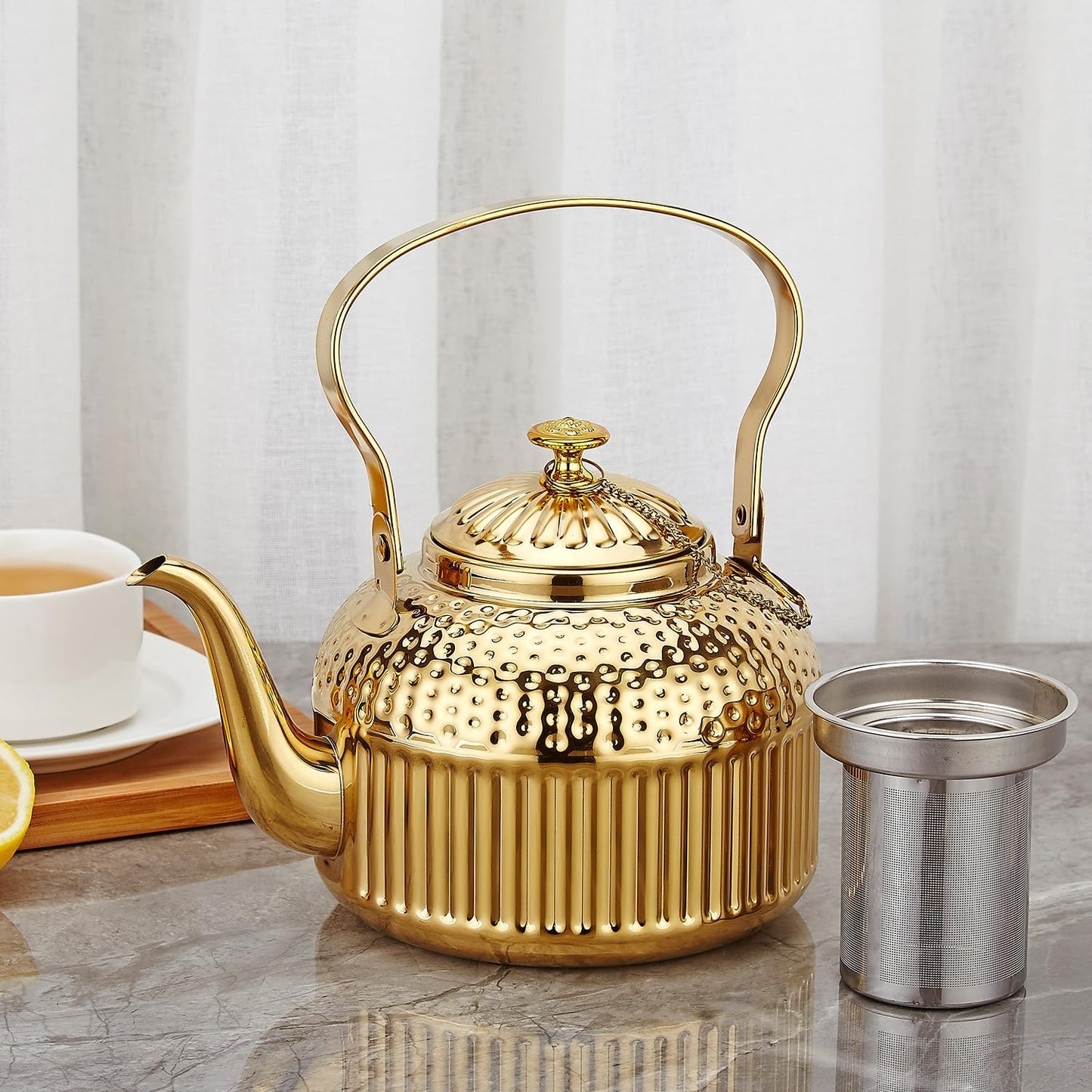 SANQIAHOME Antique 1.5L (50Oz) Stainless Steel Teapot with Infuser Gold