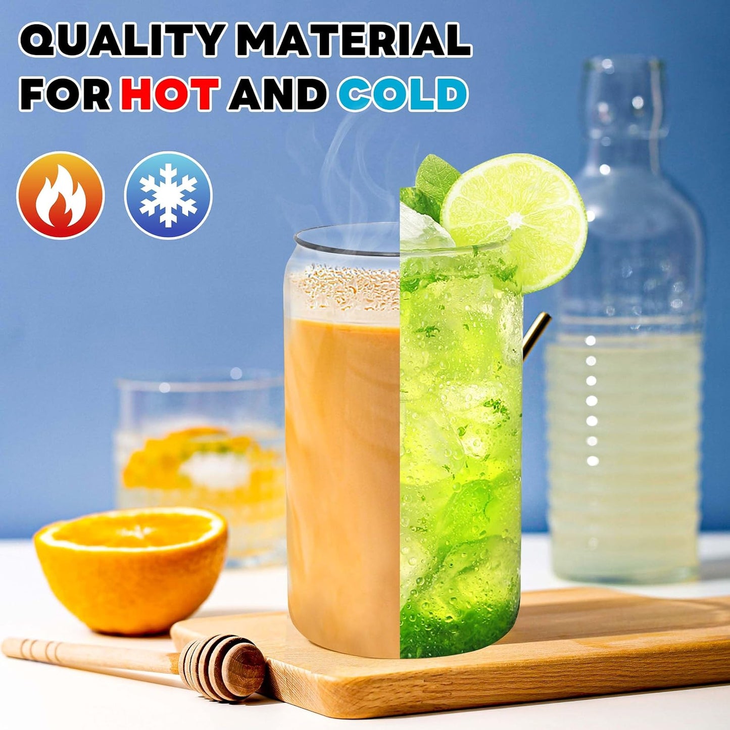 Joyclub Glass Cups with Bamboo Lids and Straws 20 Set 16 oz Reusable Iced Coffee Cup Beer Can Drinking Jars for Smoothie Whiskey Boba Soda Tea Gift