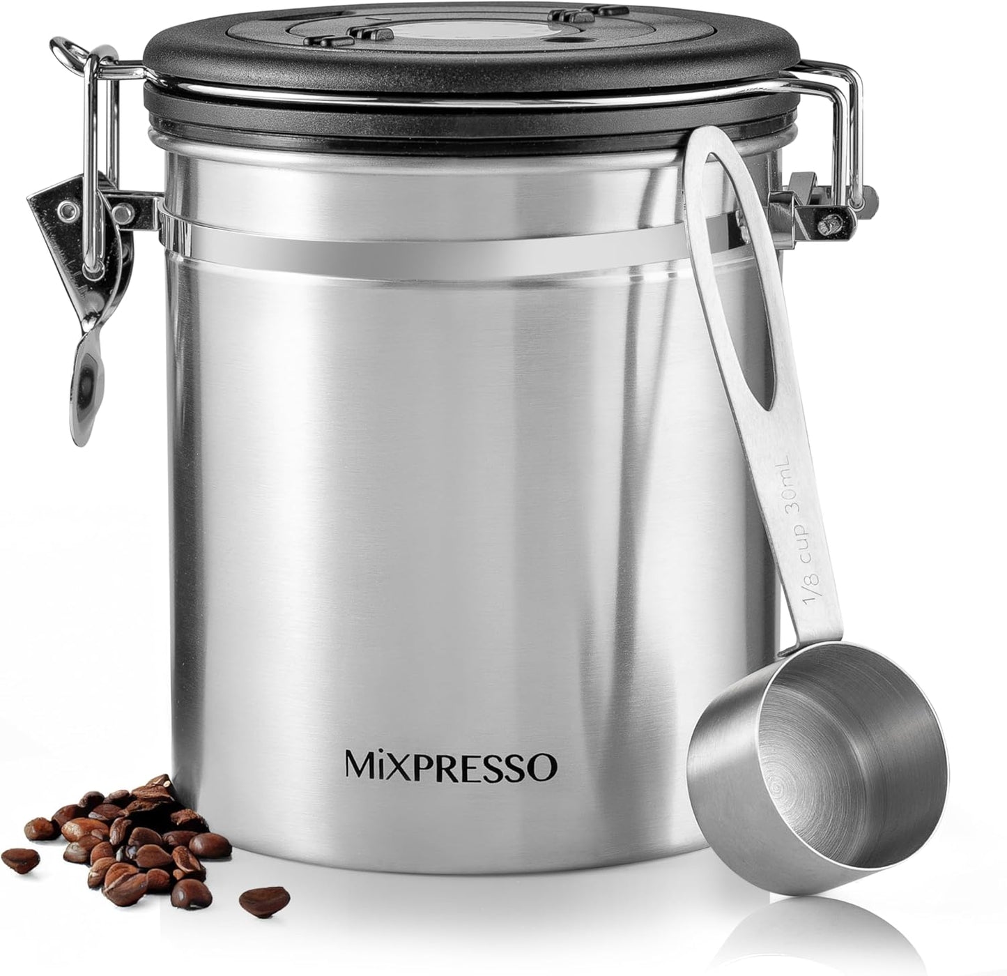 Mixpresso 16 Oz Coffee Canister with Scoop, Stainless Steel Airtight Coffee Container, Air tight Jar Tea Storage with Date Tracker, Vacuum Sealed Espresso Airtight Canister, Sugar Container for Home