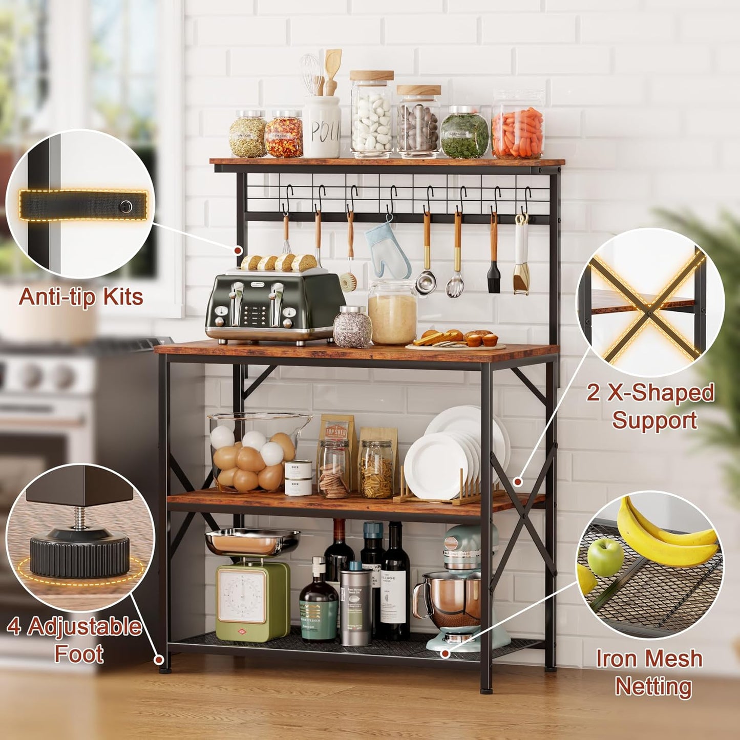 Furologee Kitchen Bakers Rack with Hutch,Coffee Stand with Storage 4 Tiers,Coffee Bar Station with a 31.5 Inch Larger Desktop and 8 S Hooks,Kitchen Microwave Rack for Spices,Pots,Rustic Brown