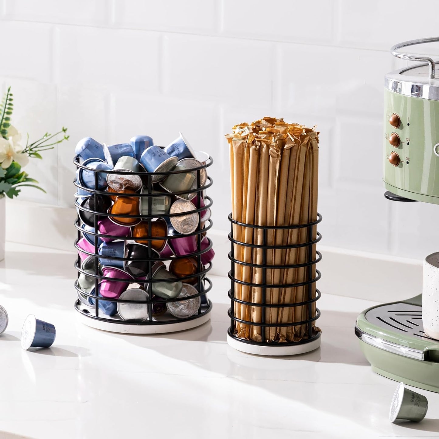 HBlife Coffee Pod Holder & Coffee Stirrers Holder Set, Metal Coffee Bar Accessories Large Capacity Kitchen Counter Decor for Keurig K cup & Nespresso Vertuo (Black Wire)