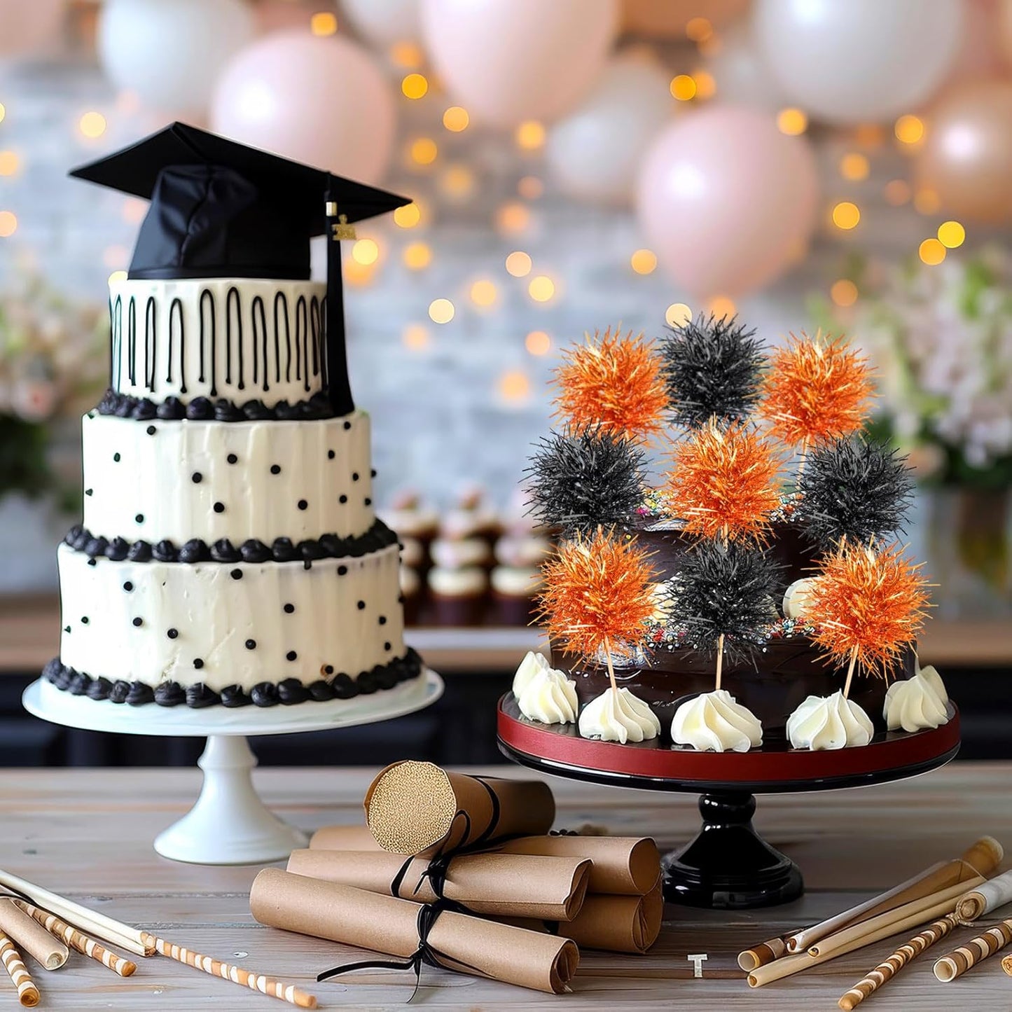 Chinco 100 Pcs Foil Firework Cupcake Toppers Sparkle Tinsel Cake Toppers Cake Decoration Cocktail Fruit Toothpick for Birthday Wedding Graduation Party(Orange, Black)
