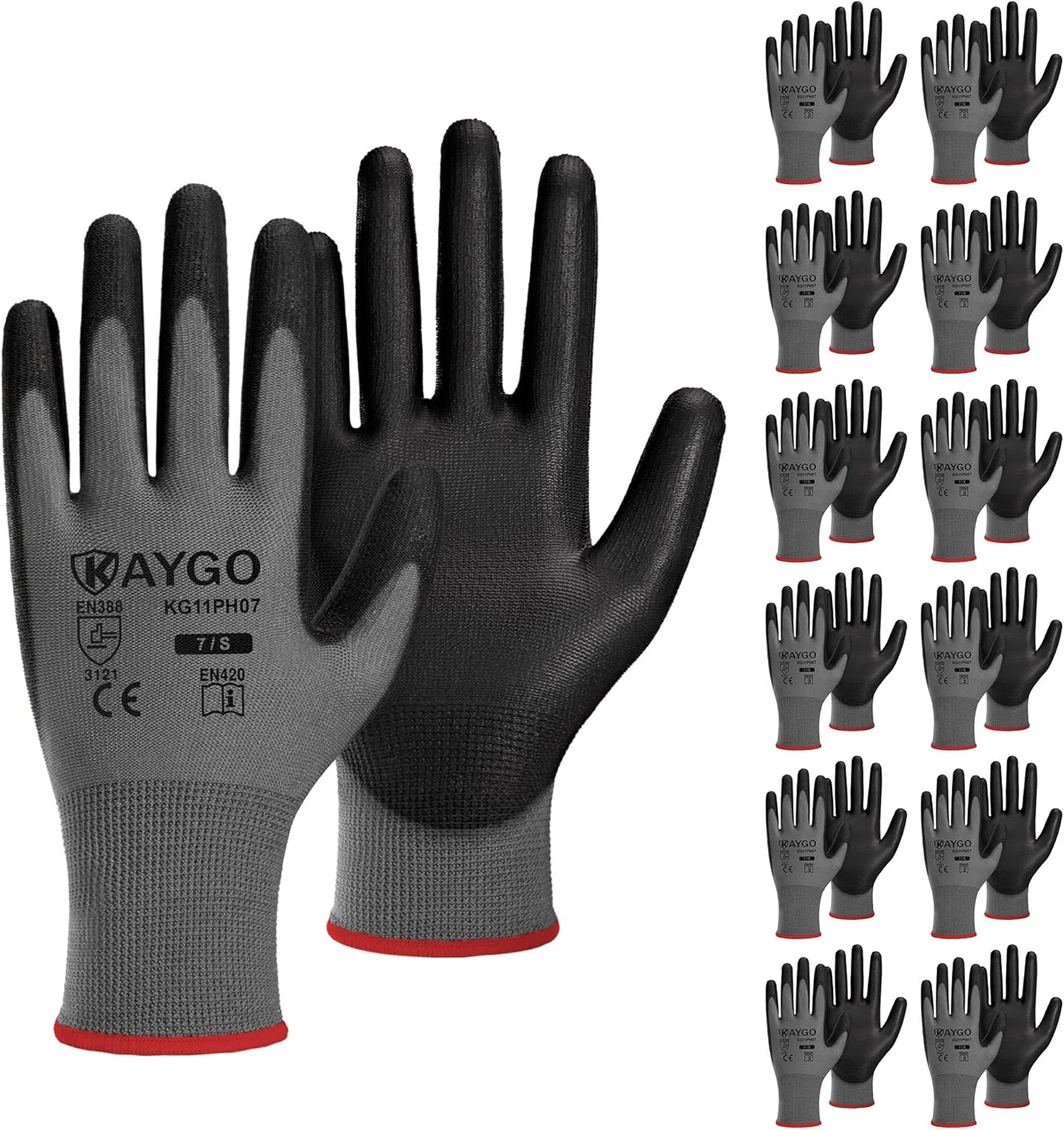 KAYGO Safety Work Gloves PU Coated-12 Pairs KG11PB Seamless Knit Glove with Polyurethane Coated Smooth Grip on Palm & Fingers for Men and Women (Small, Gray)
