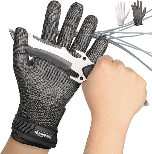 Schwer Ultimate Cut Resistant Gloves Beyond ANSI A9, Reinforced Stainless Steel Glove, Food Grade Mesh Metal Gloves for Butcher Meat Cutting, Oyster Shucking, Mandoline, Non-PFAS, PR1708 (M, 1 Pcs)