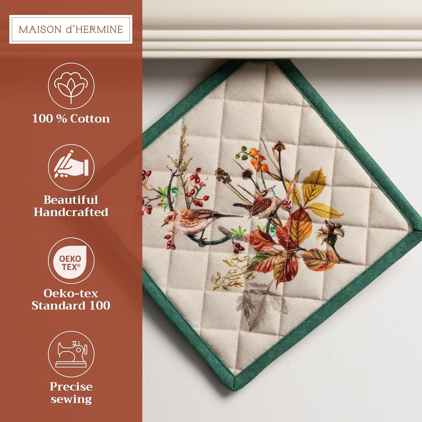 Maison d' Hermine Pot Holders Set 100% Cotton Heat Resistant Potholders 8" x 8" Hot Pads with Loop BBQ, Cooking, Baking, Grilling, Kitchen, Handling Hot Pans (Pack of 2, Recolte)