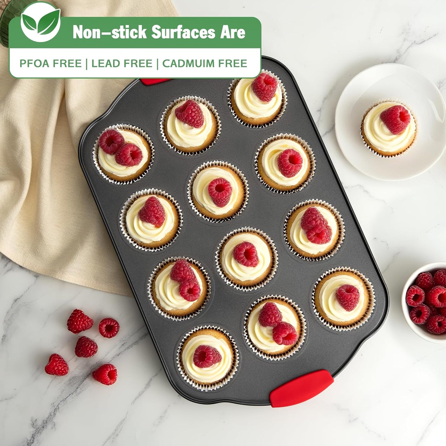 Tiawudi Muffin Pan, Nonstick Cupcake Pan Set, 2 Pack Heavy Duty Muffin Tins for Baking, 12-Cup Regular and 24-Cup Mini Bareware Tray with Silicone Grip Handles