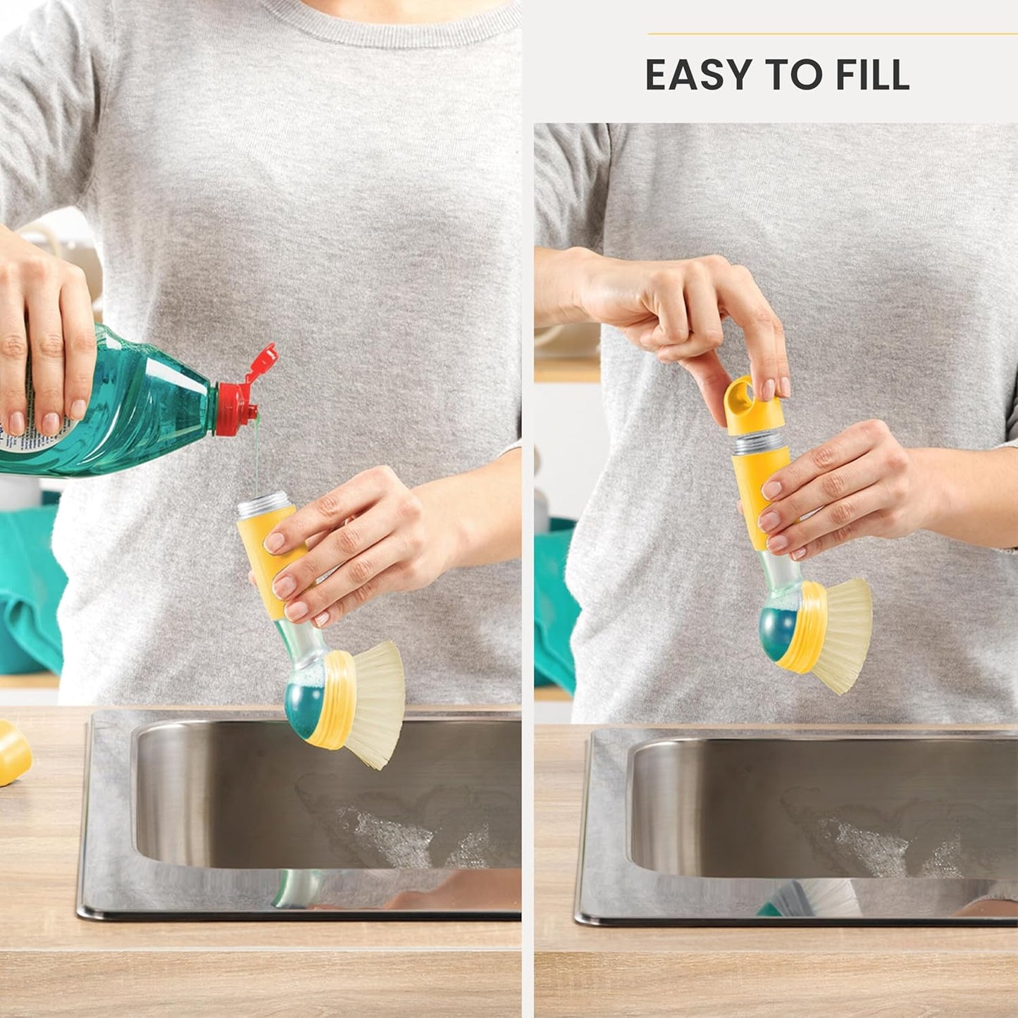 Vigar Rengo Soap Dispensing Dish Brush, Dish Brush with Soap Dispenser for Pot Scrubber, Dishes, Sink Cleaner, and Kitchen Essentials, Mustard