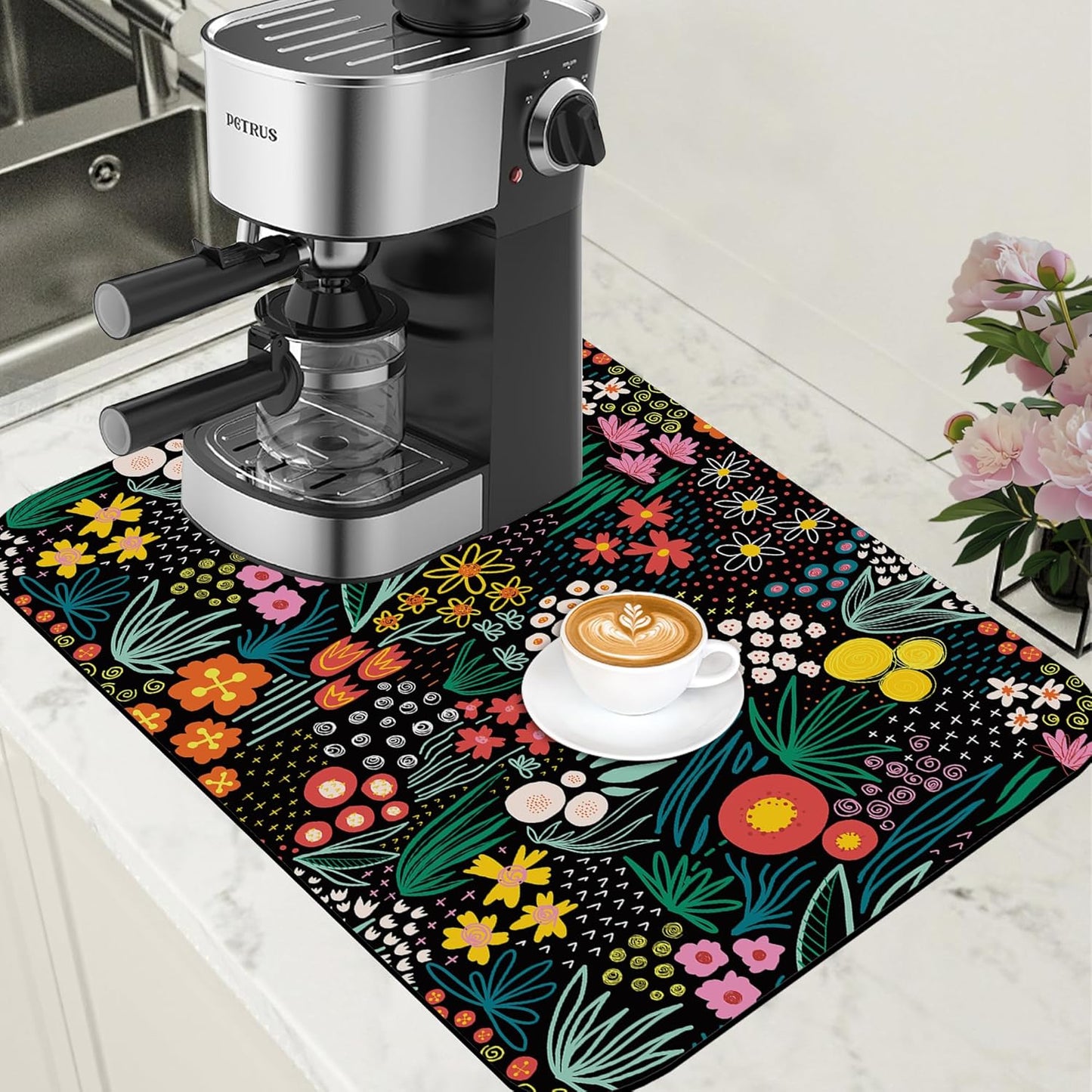 Dish Drying Mat Doodle Flower Meadow Coffee Bar Mat for Countertop Absorbent Rubber Backed Hide Stain Dish Drainer Rack Pad Coffee Pot Espresso Machine Dining Room Decoration 15.7 x 23.6 Inch