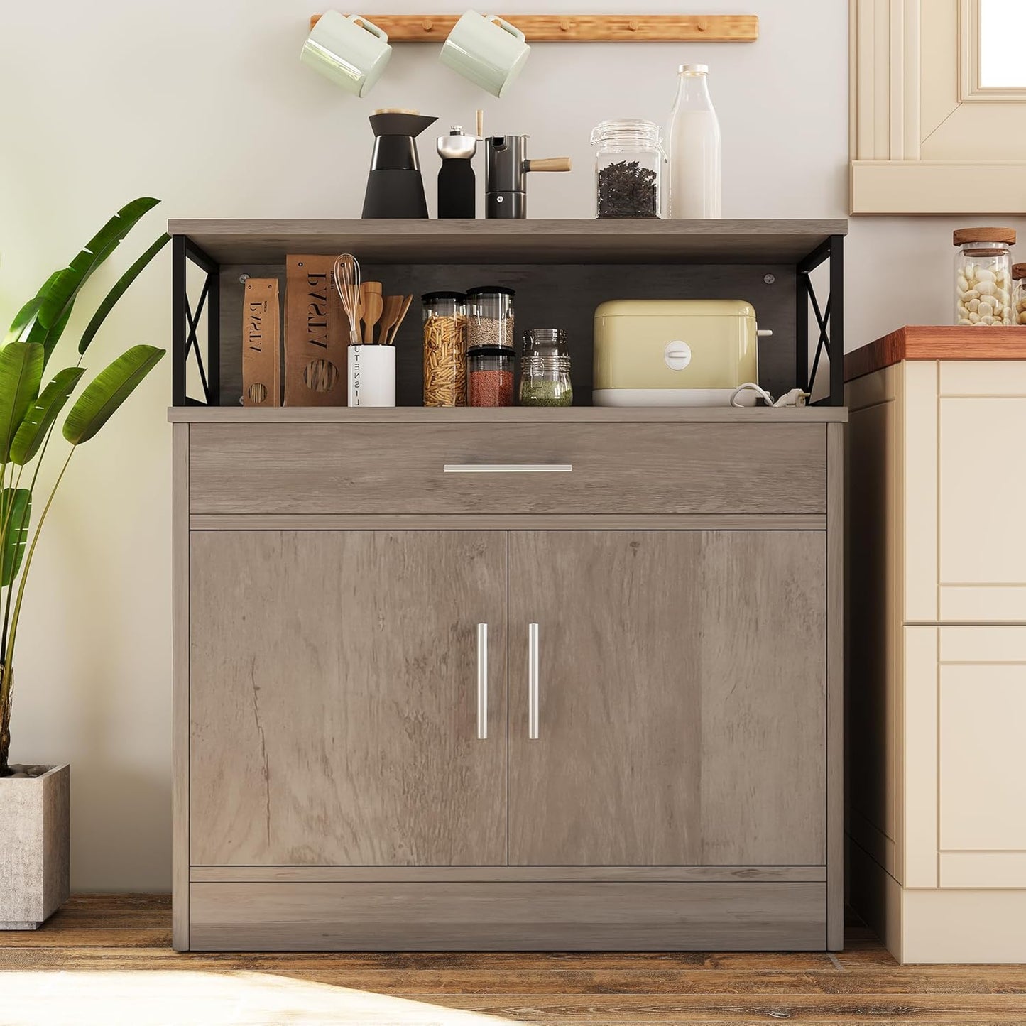 Vongrasig Sideboard Buffet Cabinet with Storage, 32” Modern Kitchen Storage Cabinet with Open Storage, Adjustable Shelf, Wood Farmhouse Coffee Bar Buffet Table for Kitchen, Dining Room, Ash Grey