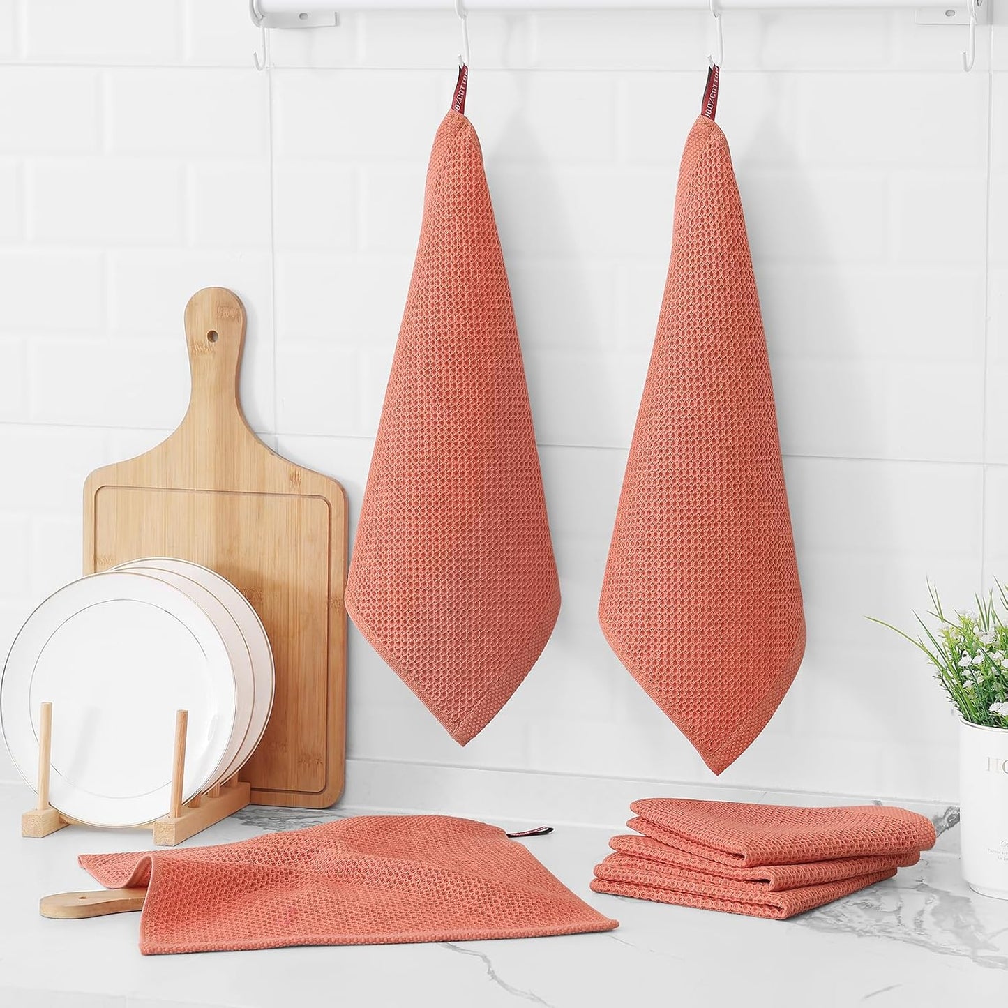 Kitinjoy 100% Cotton Kitchen Dish Cloths, 8 Pack Waffle Weave Ultra Soft Absorbent Dish Towels for Drying Dishes Quick Drying Kitchen Towels Dish Rags, 12 X 12 Inches, Coral