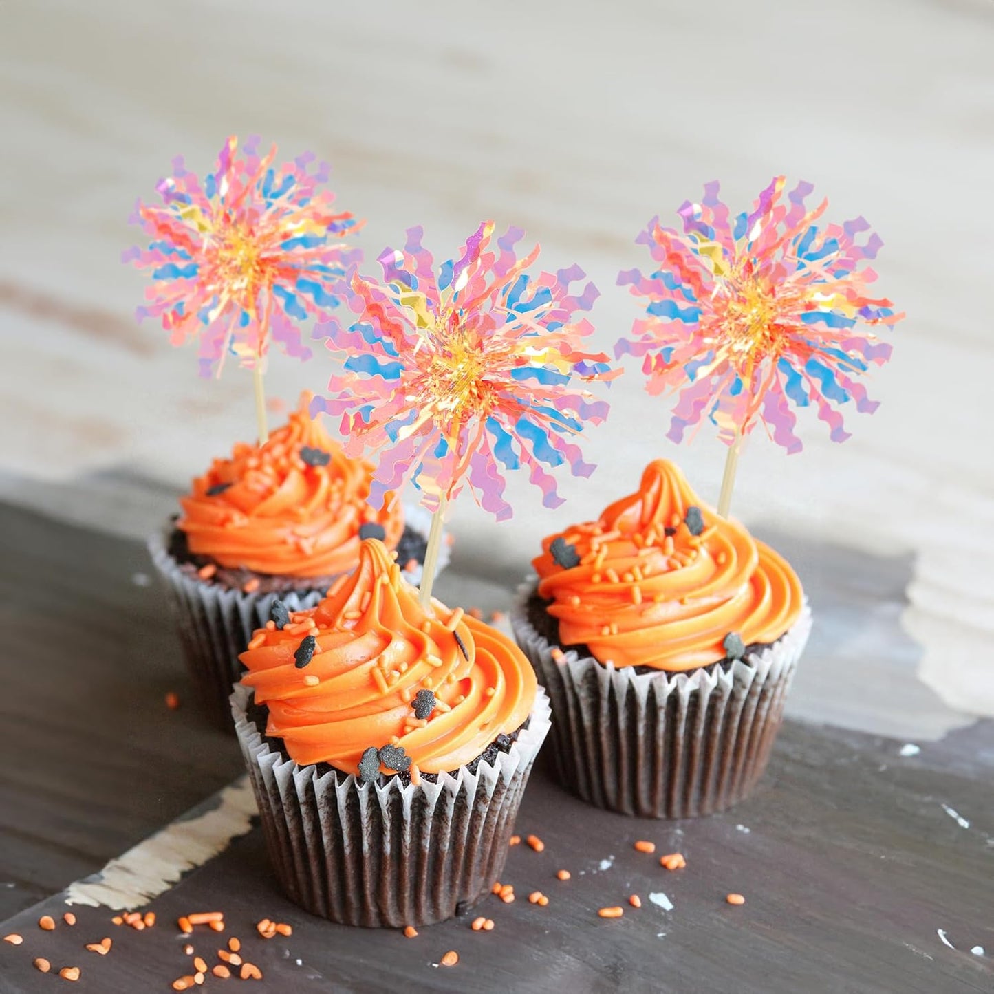 Ephlyn 30Pcs Foil Firework Cupcake Toppers Happy Birthday Cake Toppers Tinsel Flower Drink Stirrers Cocktail Food Fruit Toothpicks for Valentine's Day Party Decorations Orange