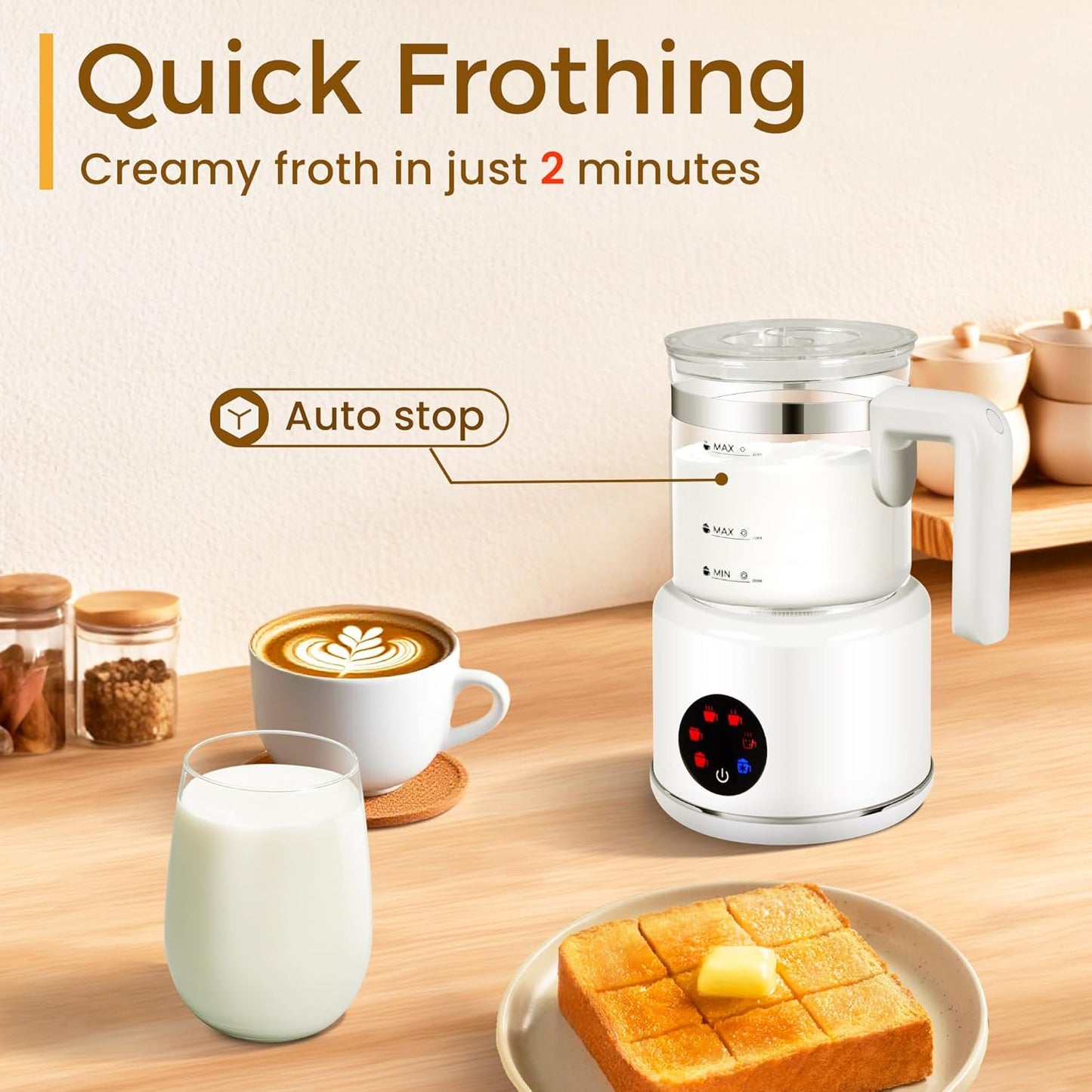 Milk Frother and Steamer, 6 in 1 Milk Steamer and Milk Warmer, 17oz Auto Shut Off Electric Frother with Touch Screen, Hot/Cold Foam Maker for Coffee, Latte, Cappuccino, Hot Chocolate