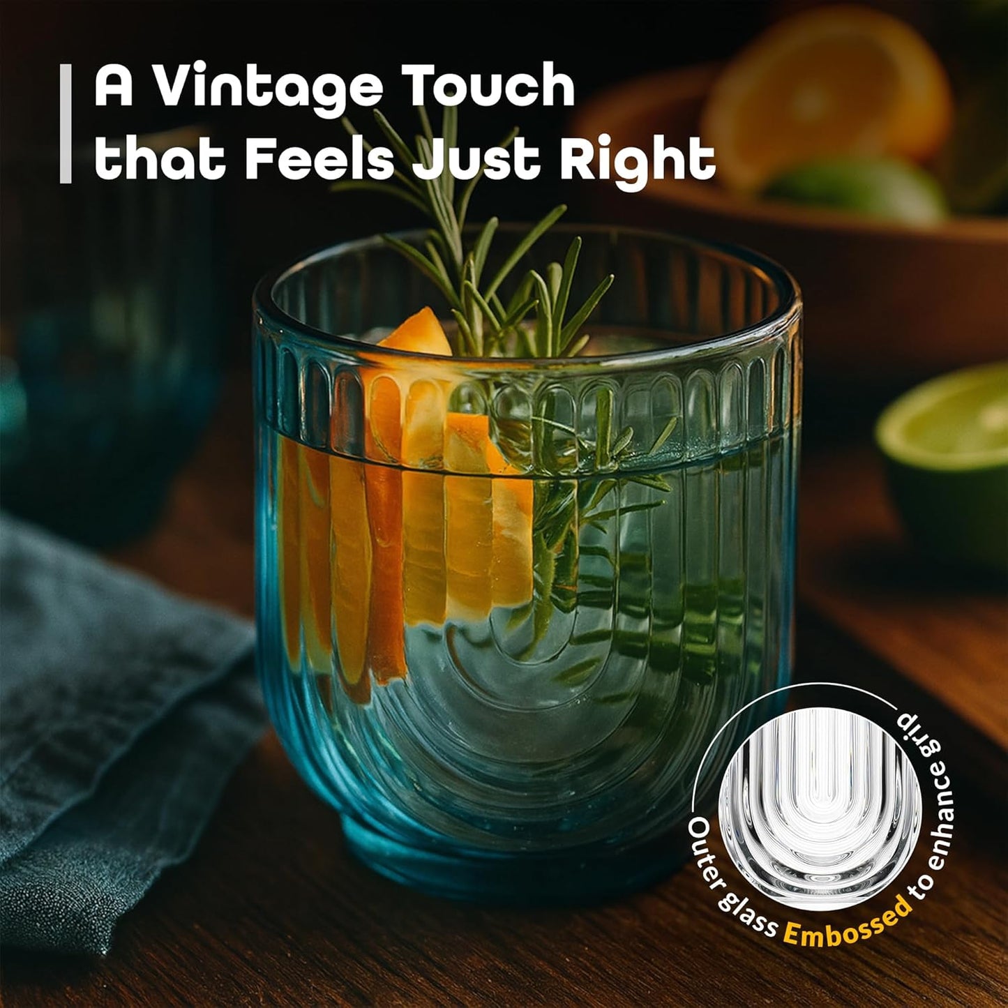 Glaver's Double Old Fashioned Rock Glasses, Set of 4 Blue Whiskey Glasses, 11 oz Art Deco U-Shape Design Embossed Everyday Home Bar Glassware. Art Deco Elegant Kitchen Drinking Glasses.