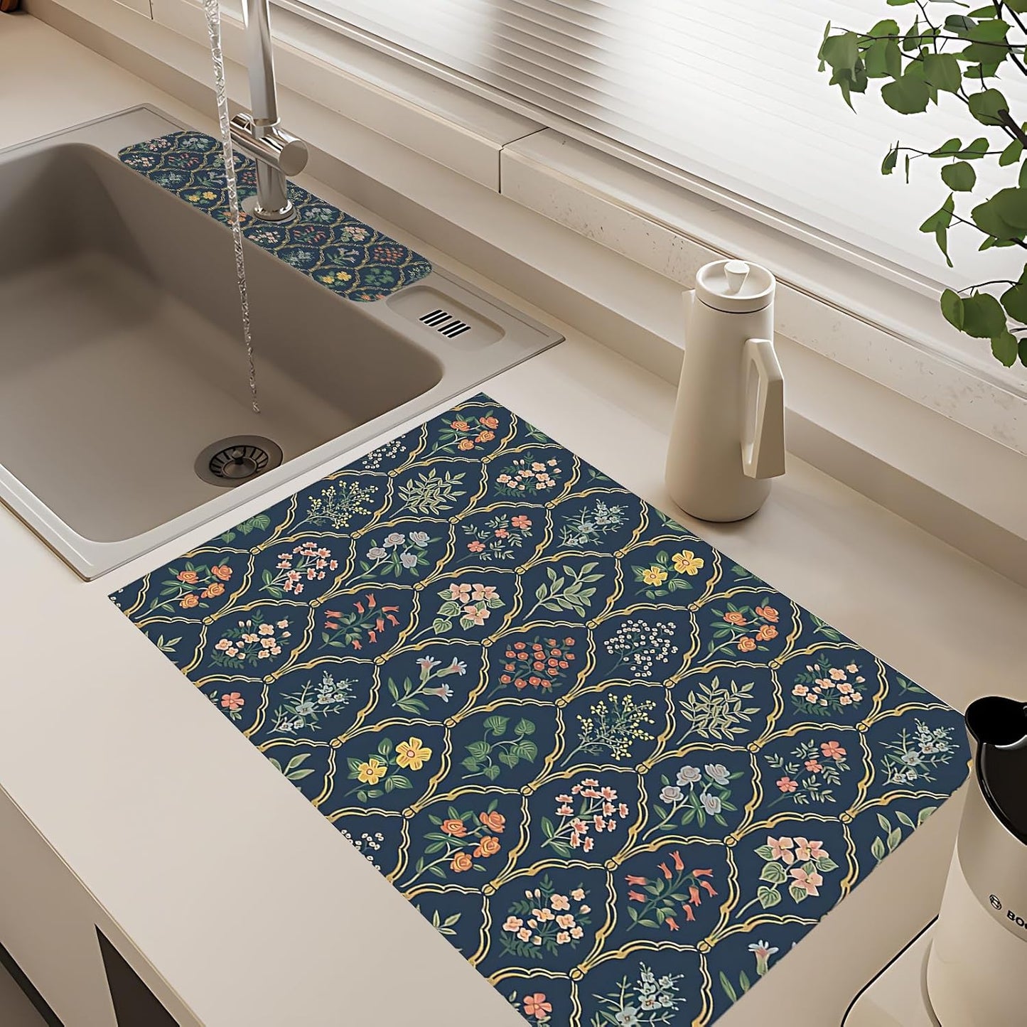 2Pcs Dish Drying Mats Faucet Mats Sets Large Size Coffee Mats Sink Faucet Mat Splash Guard for Kitchen Counter Bathroom Sink Coffee Bar Kitchen Decor (Vintage Flowers, 18"x24" 15" x 5.5"Set)