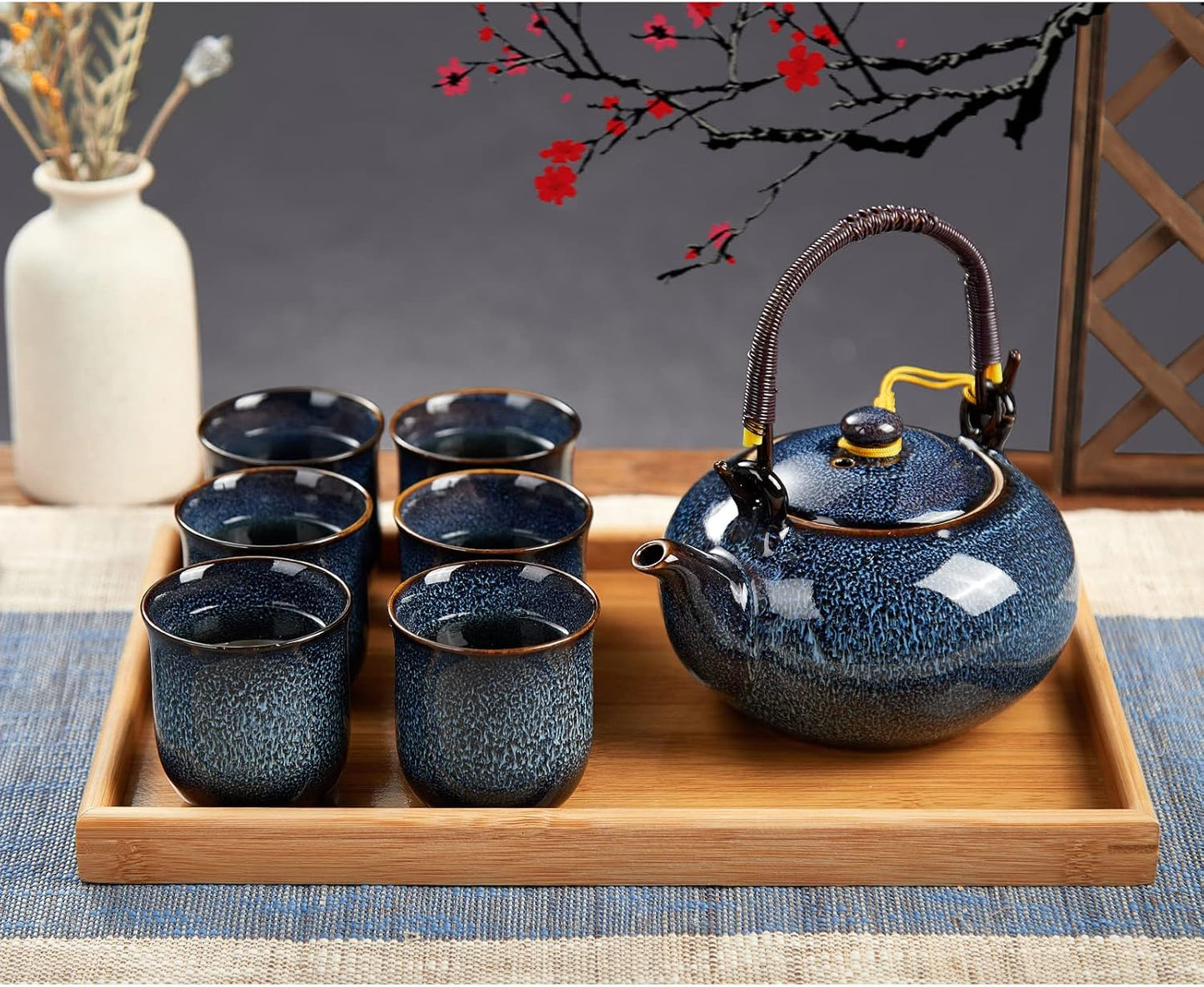 DUJUST Japanese Tea Set for 6, Kiln Altered Glaze Porcelain Tea Set with 1 Teapot, 6 Tea Cups & 1 Tea Tray, Unique Chinese Tea Sets for Adults/Tea Lovers/Women/Men, Blue
