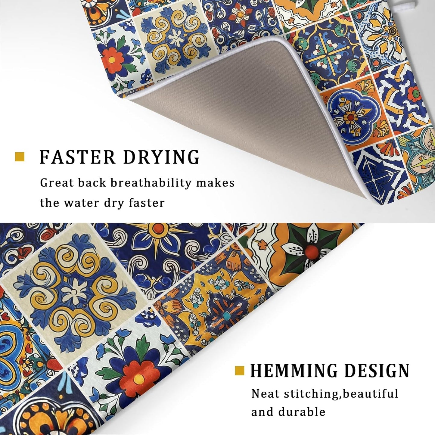 Talavera Mexican Tiles Dish Drying Mat for Kitchen Counter 18x24 Inch Mexican Flower Decorations Dish Draining Mat Mexican Tilt Fast Absorbent Tableware Dishes Pad for Coffee Bar Countertop