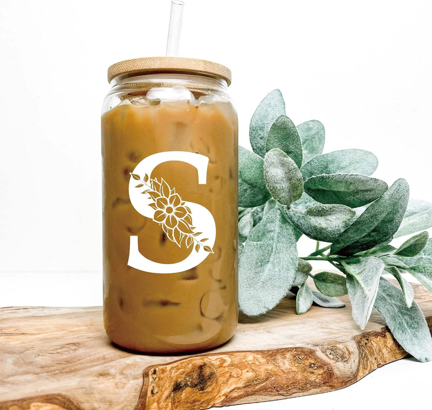 Personalized Gifts for Women, Monogrammed Glass Cups with Lids and Straws, Custom Tumbler, Cute Customized Mug, Aesthetic Stuff, Initial Iced Coffee Cup, Drinking Glasses, Birthday Teacher Gifts, L