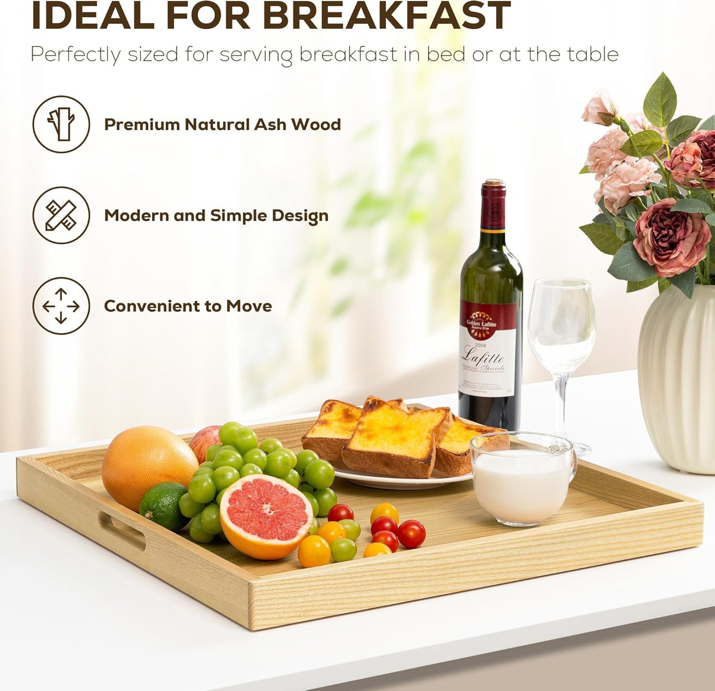 Axeman 22 Inch Large Square Wooden Ottoman Tray for Living Room|Extra Large Serving Tray with Handles for Coffee Table, Breakfast|Decorative Wood Tray for Ottoman Couch Sofa Kitchen|Natural