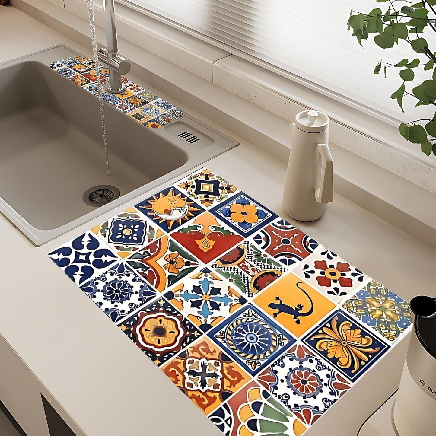 2Pcs Dish Drying Mats Faucet Mats Sets Large Size Coffee Mats Sink Faucet Mat Splash Guard for Kitchen Counter Bathroom Sink Coffee Bar Kitchen Decor (Retro Boho, 18"x24" 15" x 5.5"Set)