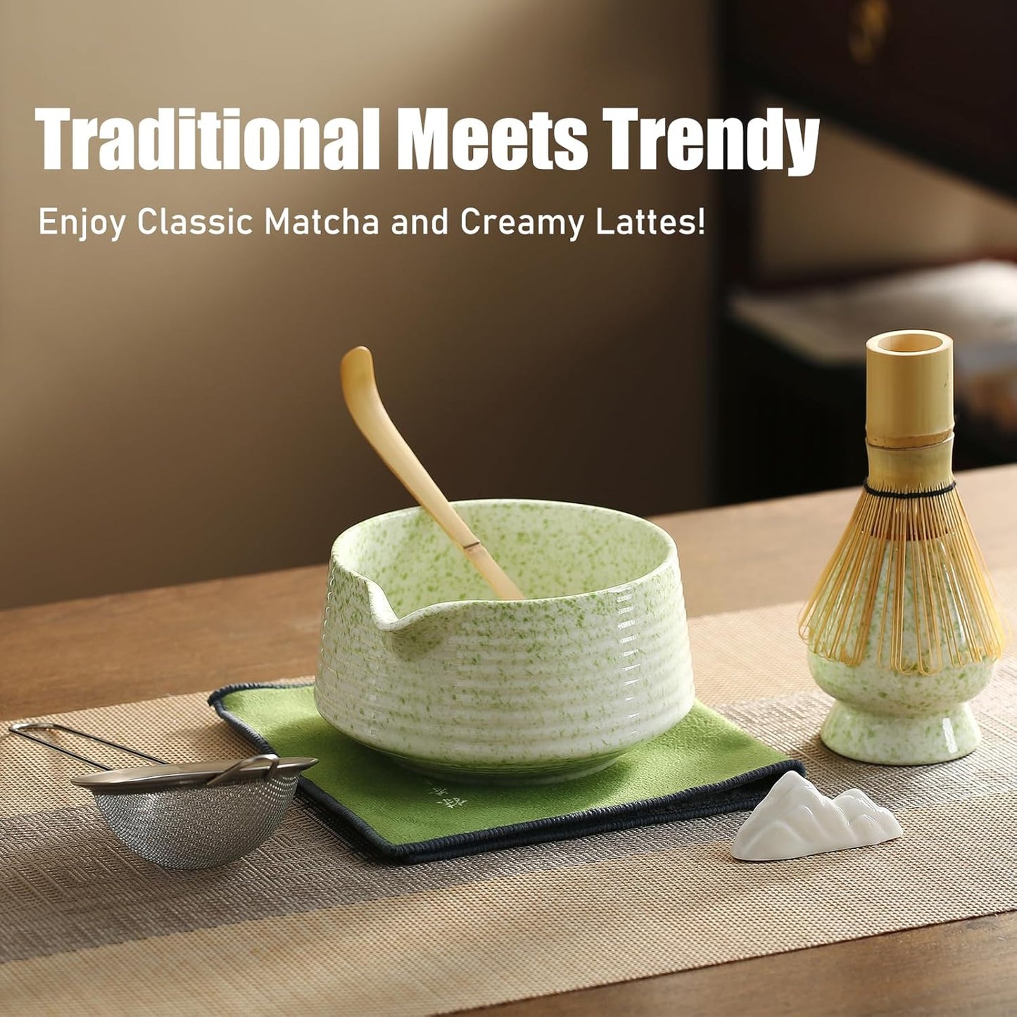 Matcha Whisk Set, Ceramic Matcha Set with Spout, Matcha Bowl Kit with Sifter, Whisk and Holder, Bamboo Scoop, Scoop Rest, Tea Towel, 7 Pcs Matcha Kit Set for Making Breakfast/Latte for Matcha Lovers