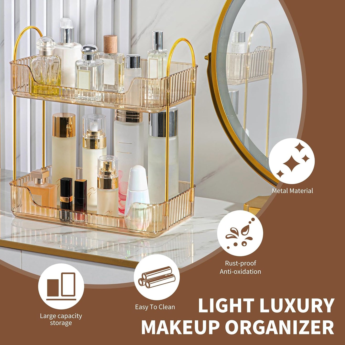 YCIA&DONE Bathroom Organizer Countertop, Makeup Storage, Skincare Cosmetic Tray Shelf, Perfume Holder Rack for Vanity Counter, Large Capacity, Easy to Install, Clean, 2 Tiers, Amber Gold