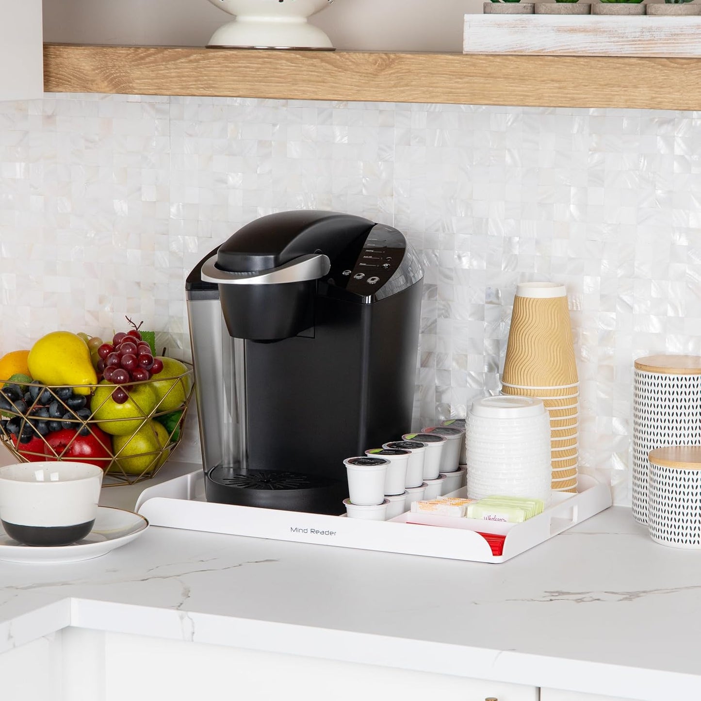 Mind Reader Coffee Station Serving Tray, 7 Pod Capacity Countertop Organizer, Storage, 17.5" L x 13.25" W x 1.25" H, Single, White