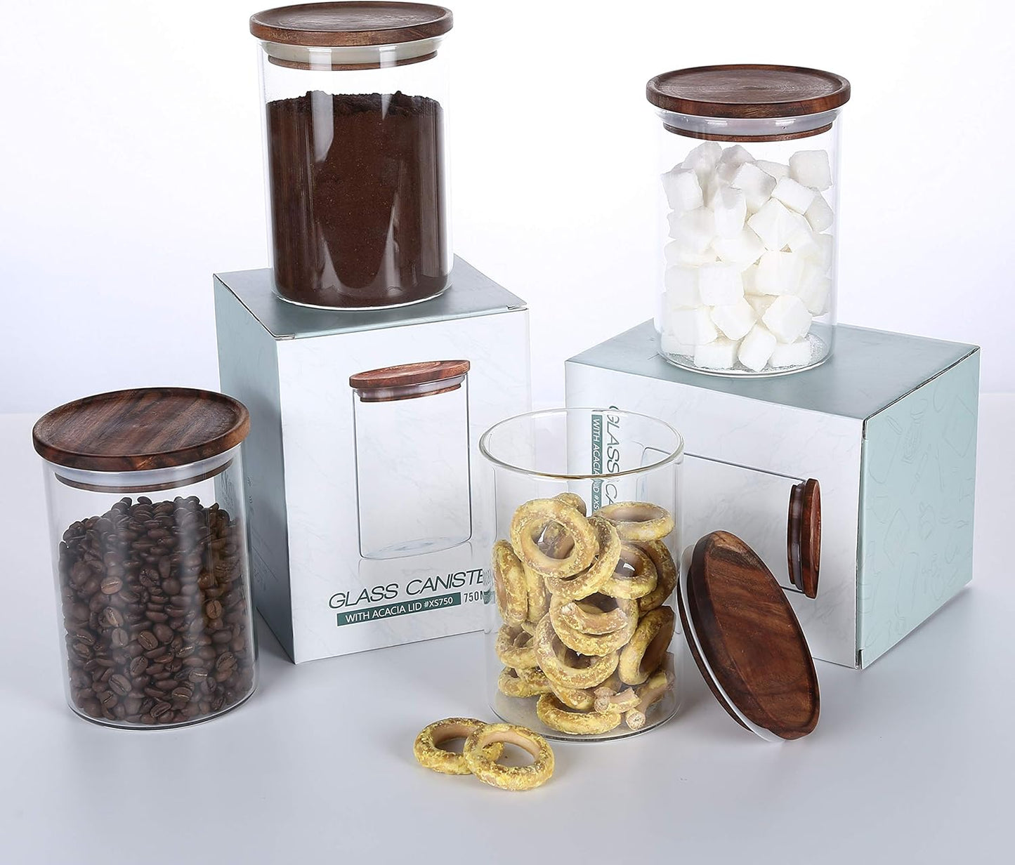 KKC HOME ACCENTS Airtight Glass Loose Tea Storage Container For Loose Leaf Tea,Ground Coffee,Glass Storage Jar with Airtight Acacia Wood Lids,Sealed Jars,25 Fl oz