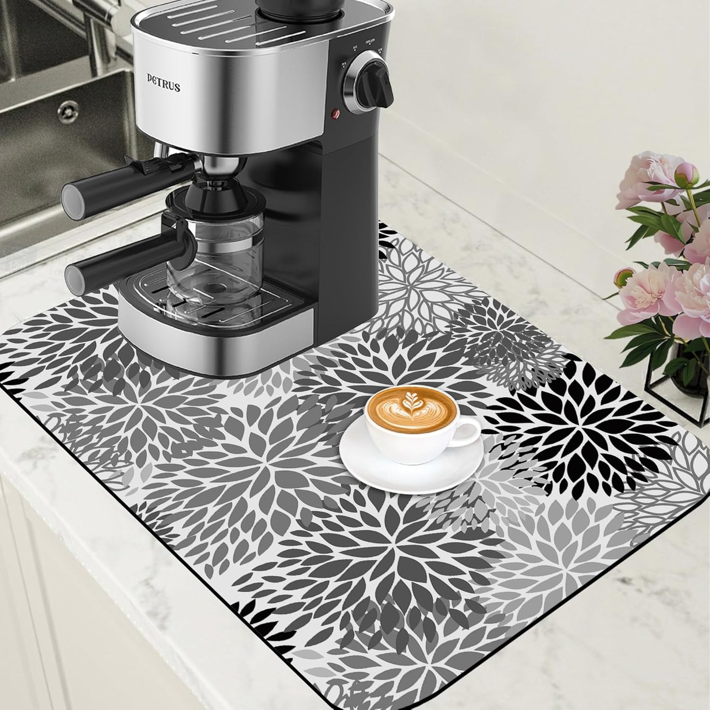 Dish Drying Mat Black and White Chrysanthemum Flower Coffee Bar Absorbent Rubber Backed Hide Stain Dish Drainer Rack Coffee Maker Pot Dining Room Decoration 15.7 x 23.6 Inch