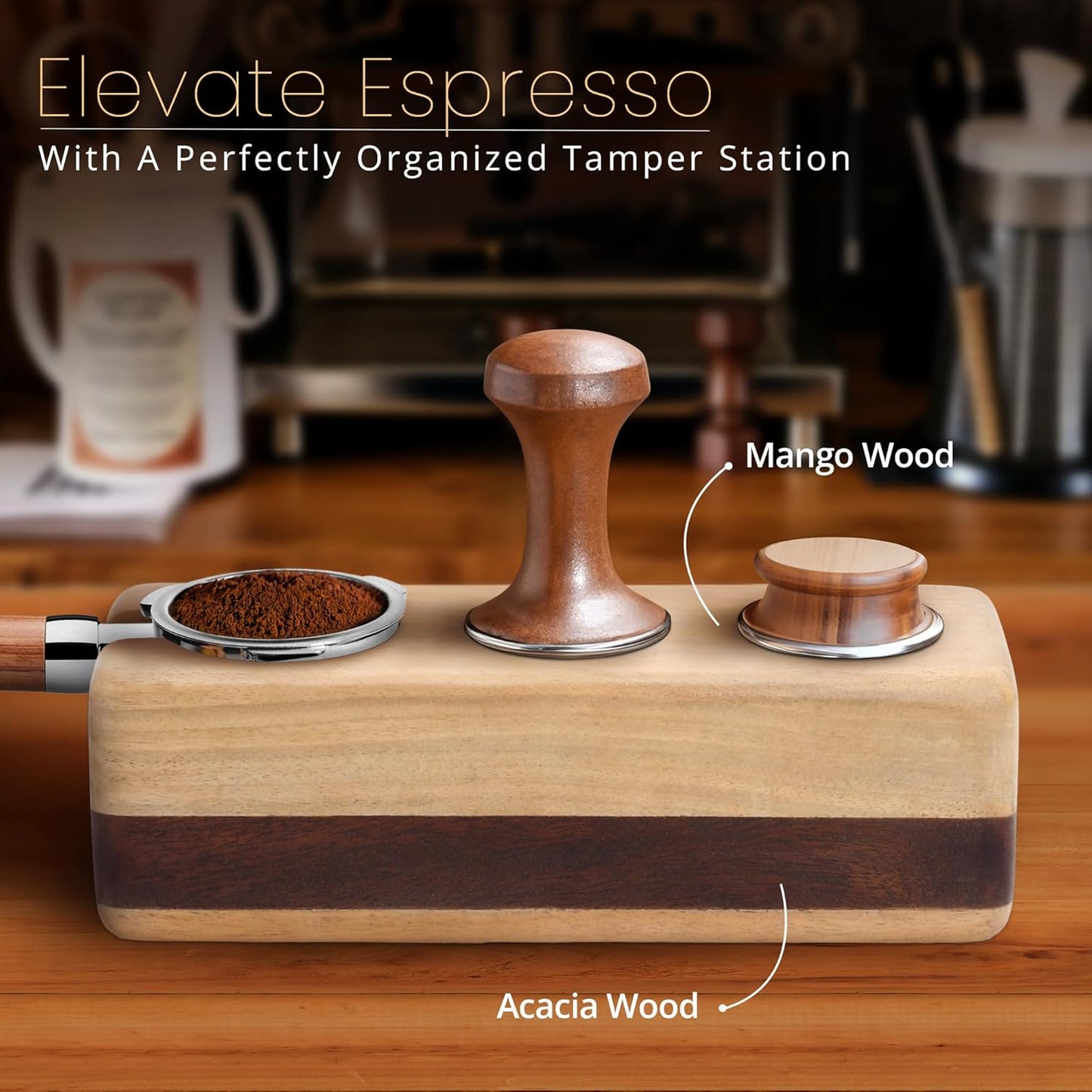Espresso Tamping Station - Portafilter Holder (62mm) - Acacia & Mango Wood Espresso Station & Tool Organizer - Essential Accessories for Baristas