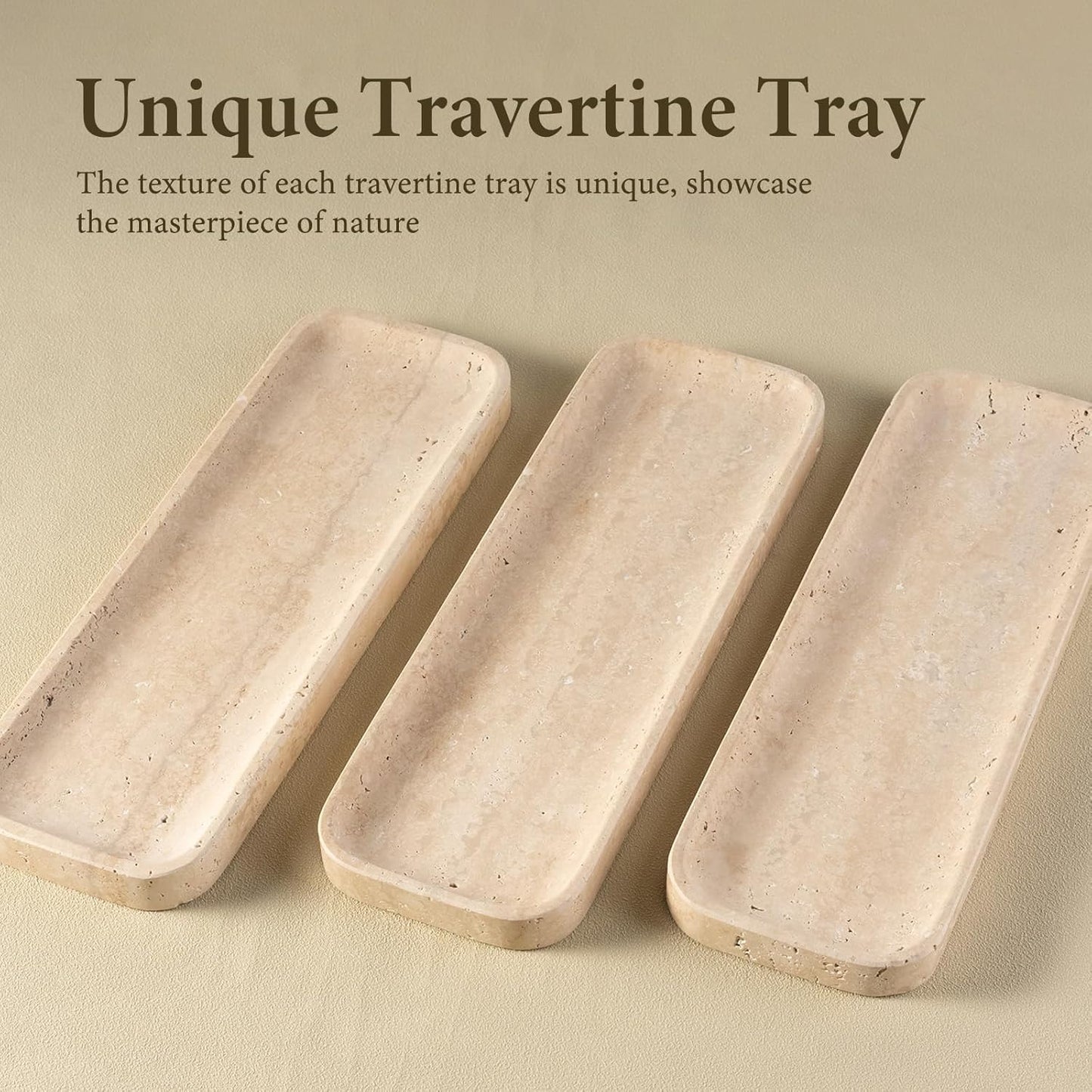 Koville Marble Tray, 12"x8" Marble Vanity Tray for Bathroom Kitchen Countertop, Rectangular Stone Tray for Cosmetics Perfume Trinket, Decorative Catchall Trays (12"x4"-Travertine)
