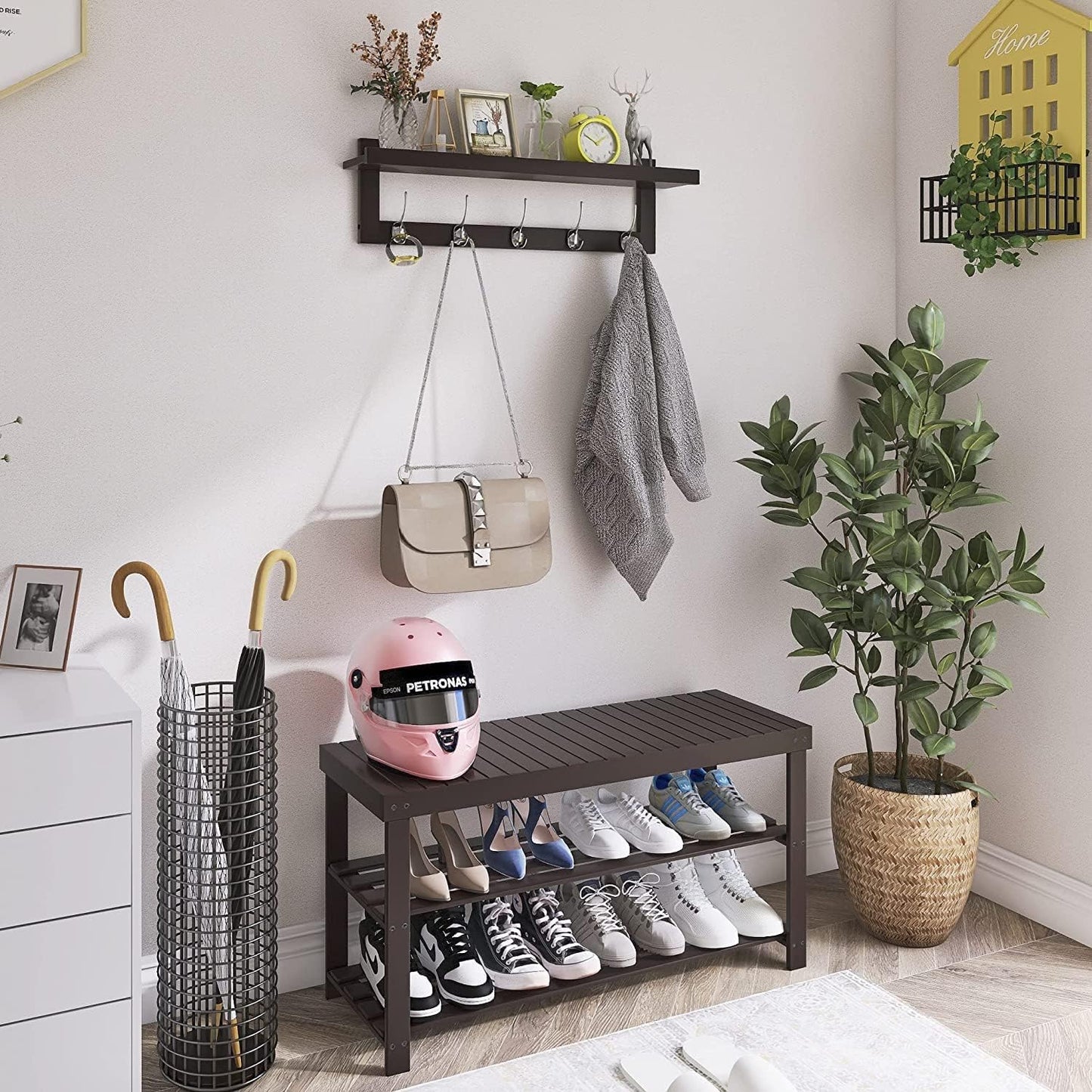 SMIBUY Coat Hooks with Shelf Wall-Mounted, 29.2 Inch Entryway Coat Rack for Wall, Bamboo Hanging Shelf with 5 Double Metal Hooks for Bathroom, Bedroom, Kitchen, Living Room, Mudroom (Dark Brown)