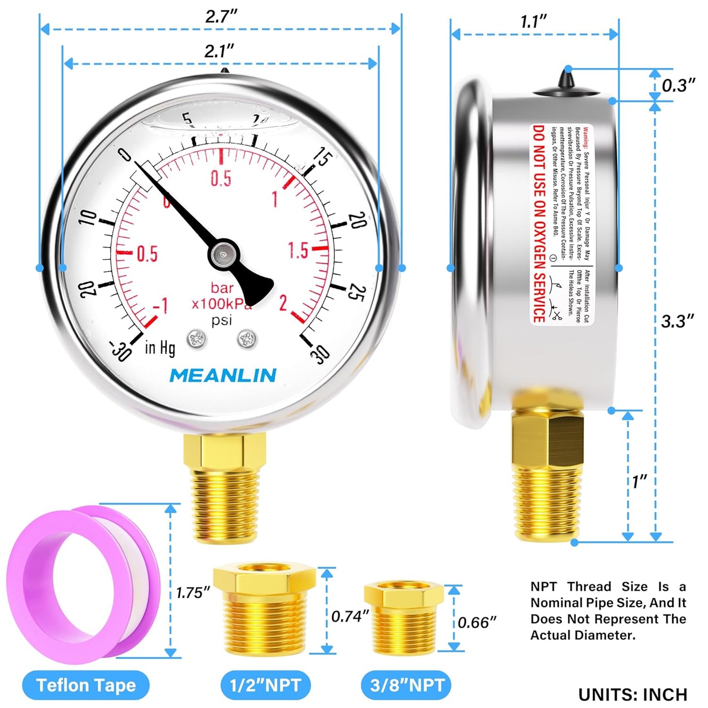 MEANLIN MEASURE -30inHG~30Psi Stainless Steel 1/4" NPT 2.5" FACE DIAL Vacuum Pressure Gauge, Lower Mount, with 1/2" NPT and 3/8" NPT Hex Bushing