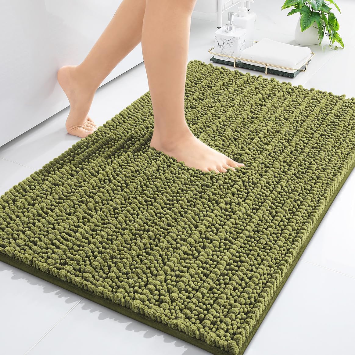 Arotive Luxury Chenille Bathroom Rug Mat, Extra Soft Thick Absorbent Shaggy Bath Rugs, Non-Slip Machine Wash Dry, Plush Bath Mats for Bathroom, Shower and Tub, 36x24, Willow Green