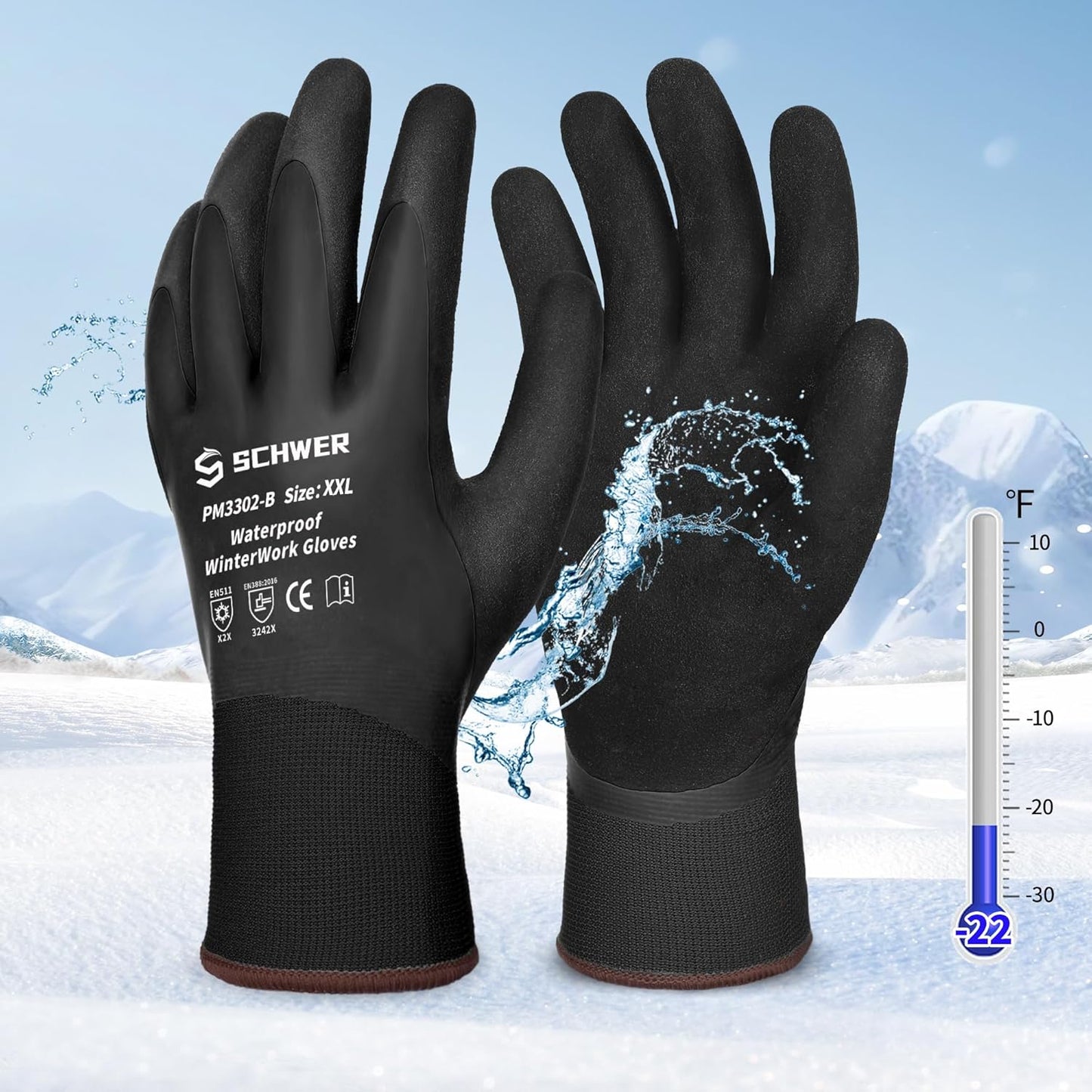 Schwer FreezeGuard Winter Work Gloves, ANSI A2 Cut Resistant Freezer Gloves for Outdoor Cold Weather Keep Hands Warm, Waterproof Gloves for Shoveling Snow, Ice Fishing, XXL