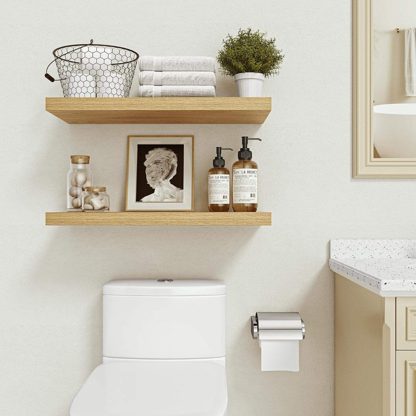 Vivelove Bathroom Floating Shelves for Wall 24 inchs Long, 9.2” deep x 1.6” Wall Shelf for Bedroom, Living Room, Kitchen, Office Home Decor, Deep Wood Shelves with Invisible Brackets, Set of 2, Oak