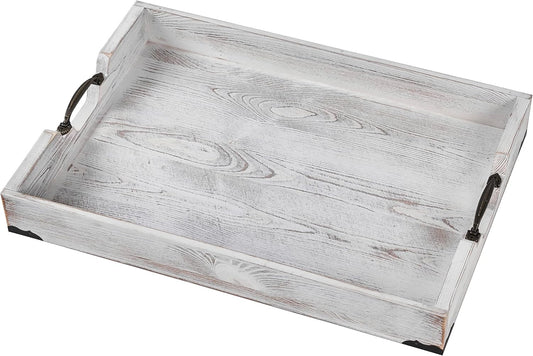 Large Wood Rectangular Serving Tray 20 x 14 Inch Rustic Wooden Ottoman Tray with Metal Handle and Wrapped Corners, Wood Coffee Table Tray Solid Pine Decorative Tray Whitewashed