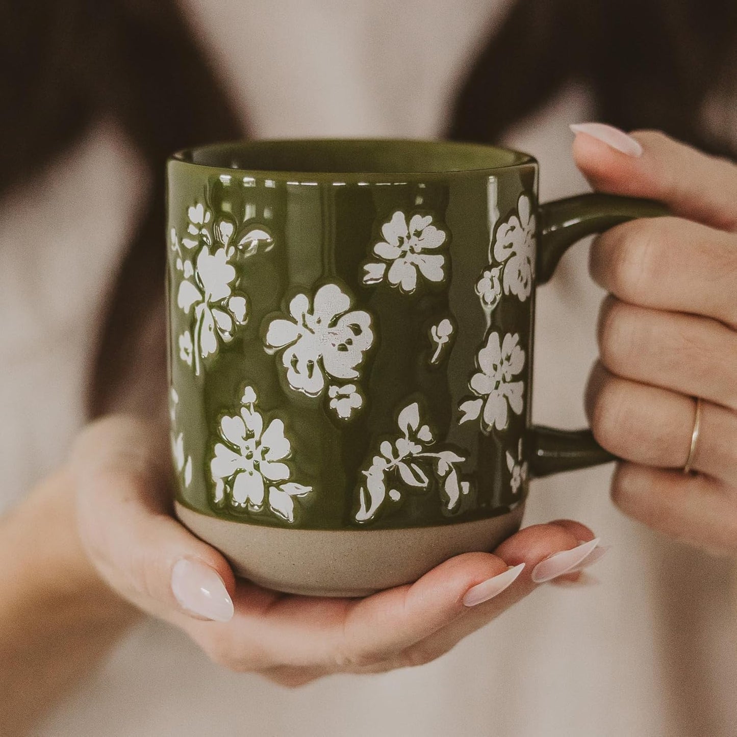 Sweet Water Decor Green Floral Stoneware Coffee Mugs - 14oz Cute Coffee Mugs for Hot & Cold Drinks - Dishwasher & Microwave Safe - Spring Home Decor and Gift - Ideal Tea & Espresso Mugs