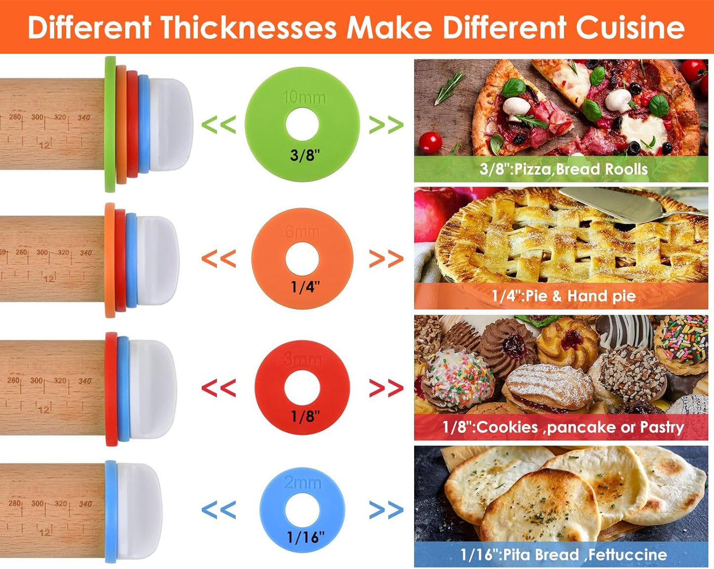 Rolling Pin with 4 Adjustable Thickness Rings and Long Handle 13.6 Inch Wooden Dough Roller for Baking, Dough, Cookie, Cake, Fondant, Pizza and Pie Crust