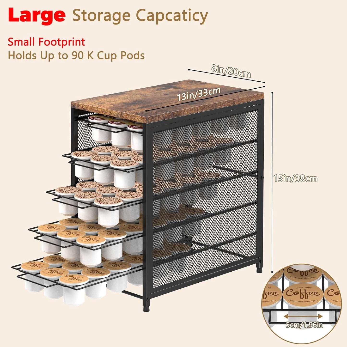 NANANARDOSO Coffee Pod Holder for Counter, 5 Tier Coffee Pod Drawer for Keurig Pod Storage Drawer Holder, 90 Capacity Pods Storage Organizer Cups Capsule with Sliding Baskets for Coffee Station