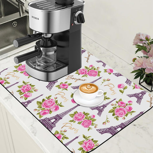 Eiffel Tower with Pink Rose Coffee Mat Absorbent Dish Drying Mat for Kitchen Counter Hide Stain Rubber Backed Coffee Bar Accessories Fit Under Espresso Machine Dish Drainer 15.7 x 23.6 Inch