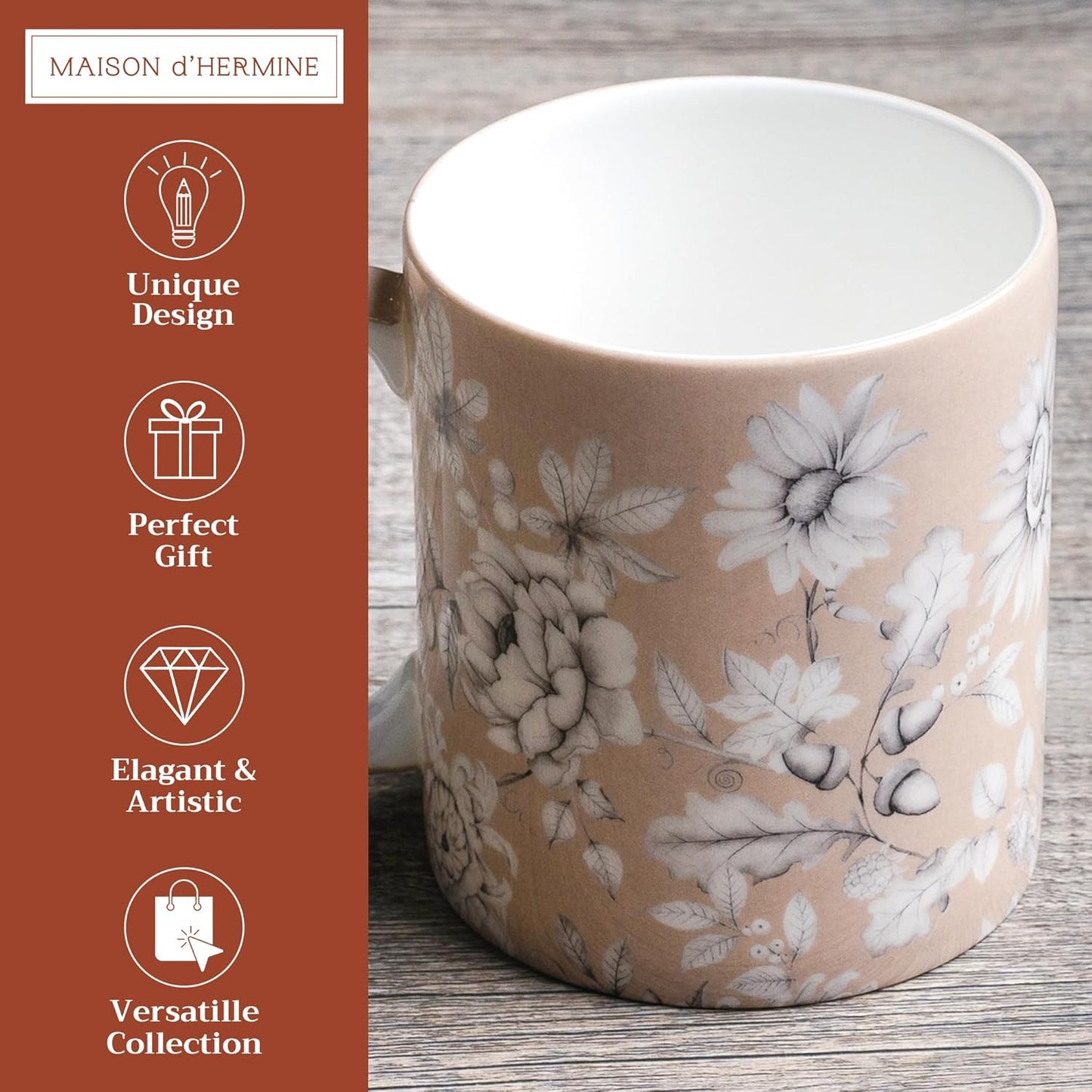 Maison d' Hermine Coffee Mug with Handles Fine Bone China Mugs Pack of One Tea Cups for Hot Beverages Cappuccino Latte Home Restaurant Office Perfect for Gift (Pretty Autumn - Mono Autumn, 12 Ounce)