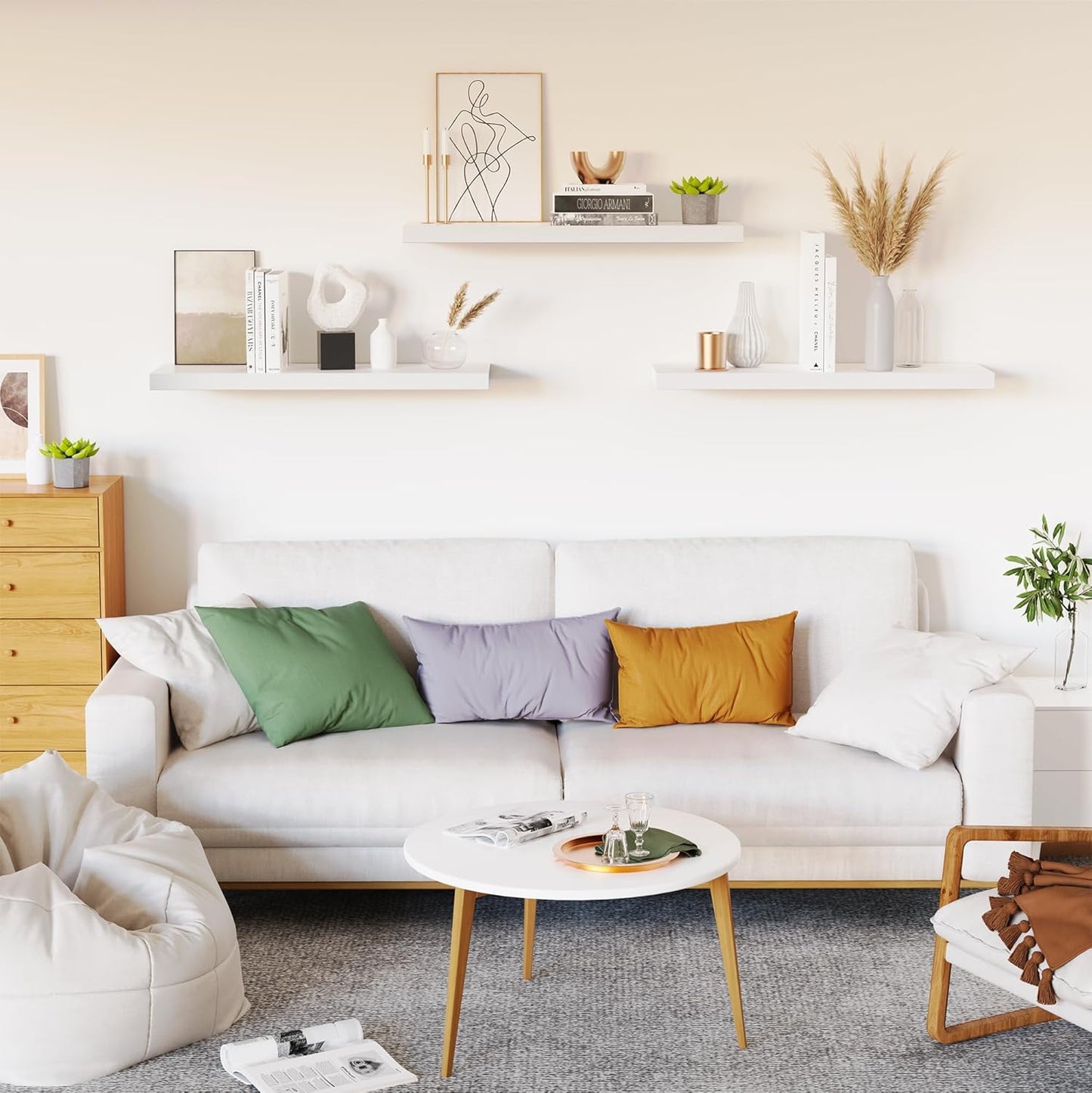 Floating Shelves for Wall, White Wood Wall Shelf Set of 3, 24" Wall Mounted Floating Shelf for Kitchen