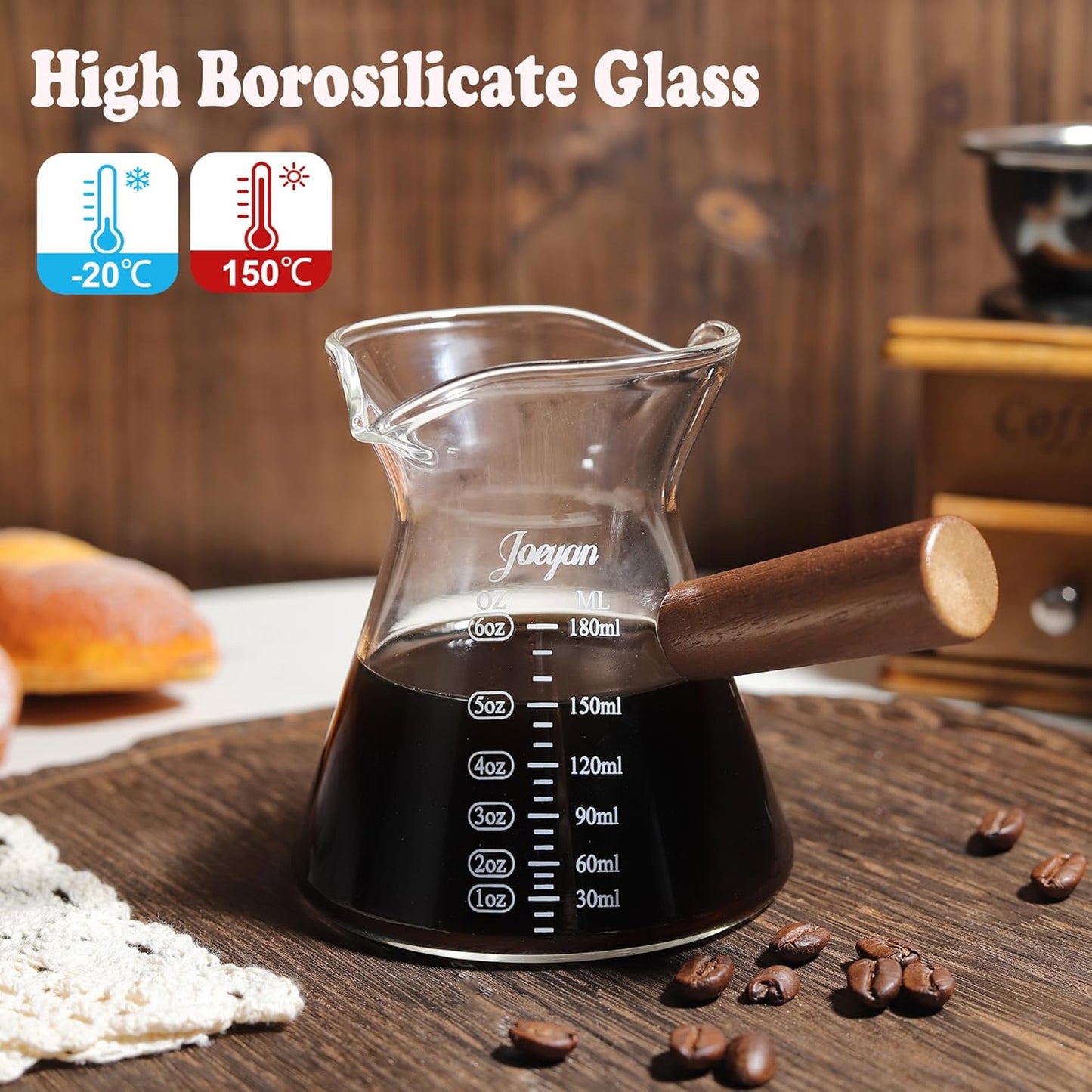 Joeyan 6 oz Glass Measuring Cup with Double Spouts,Clear Borosilicate Espresso Shot Glasses with Wooden Handle,Milk Creamer Frothing Pitcher Barista Coffee Carafe